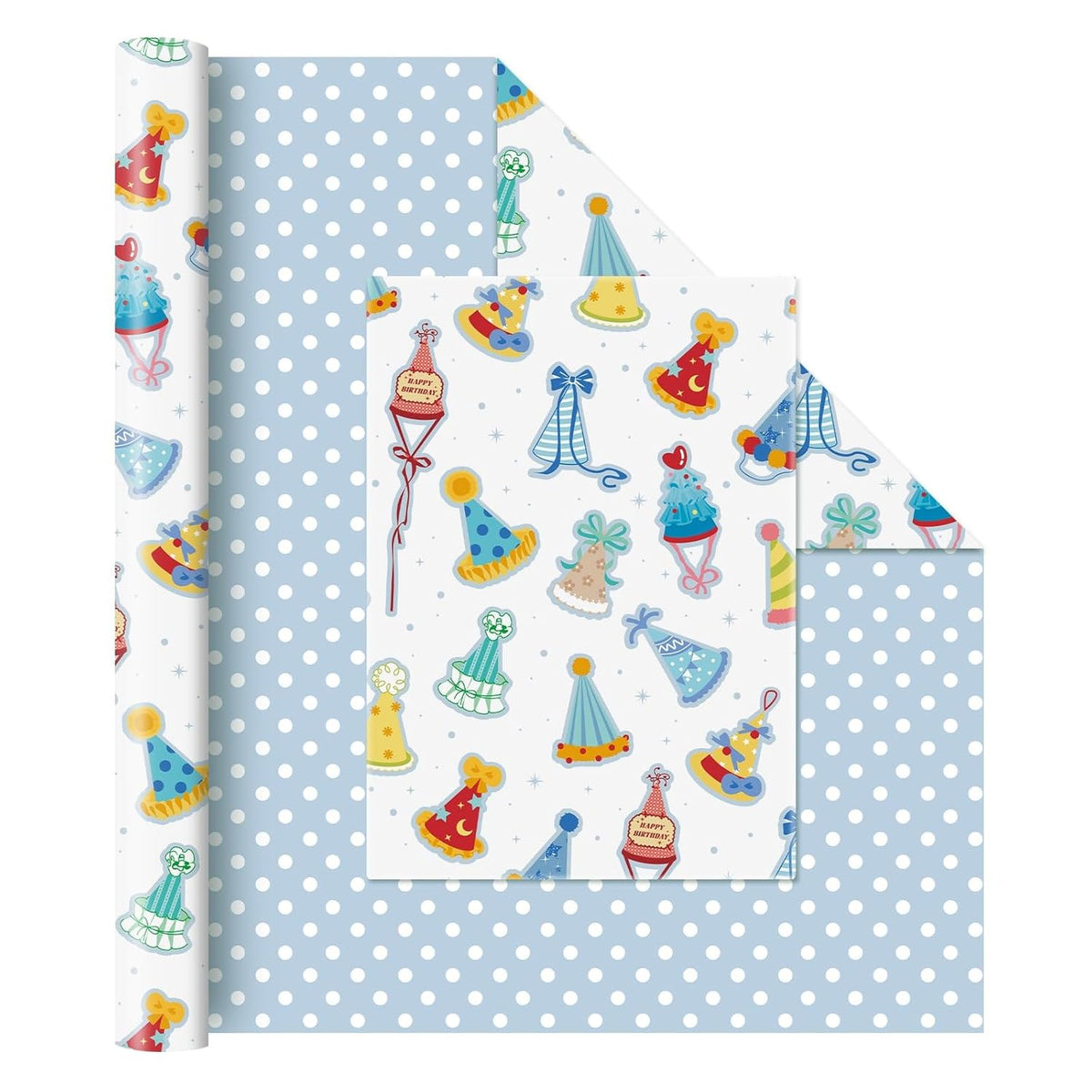 Birthday Hat Wrapping Paper Roll - 1 Roll 17”X 33 Ft Baby Shower Wrapping Paper Happy Birthday Baby Blue Gift Packaging Supply For Kids Party Decor Favor, Reversible