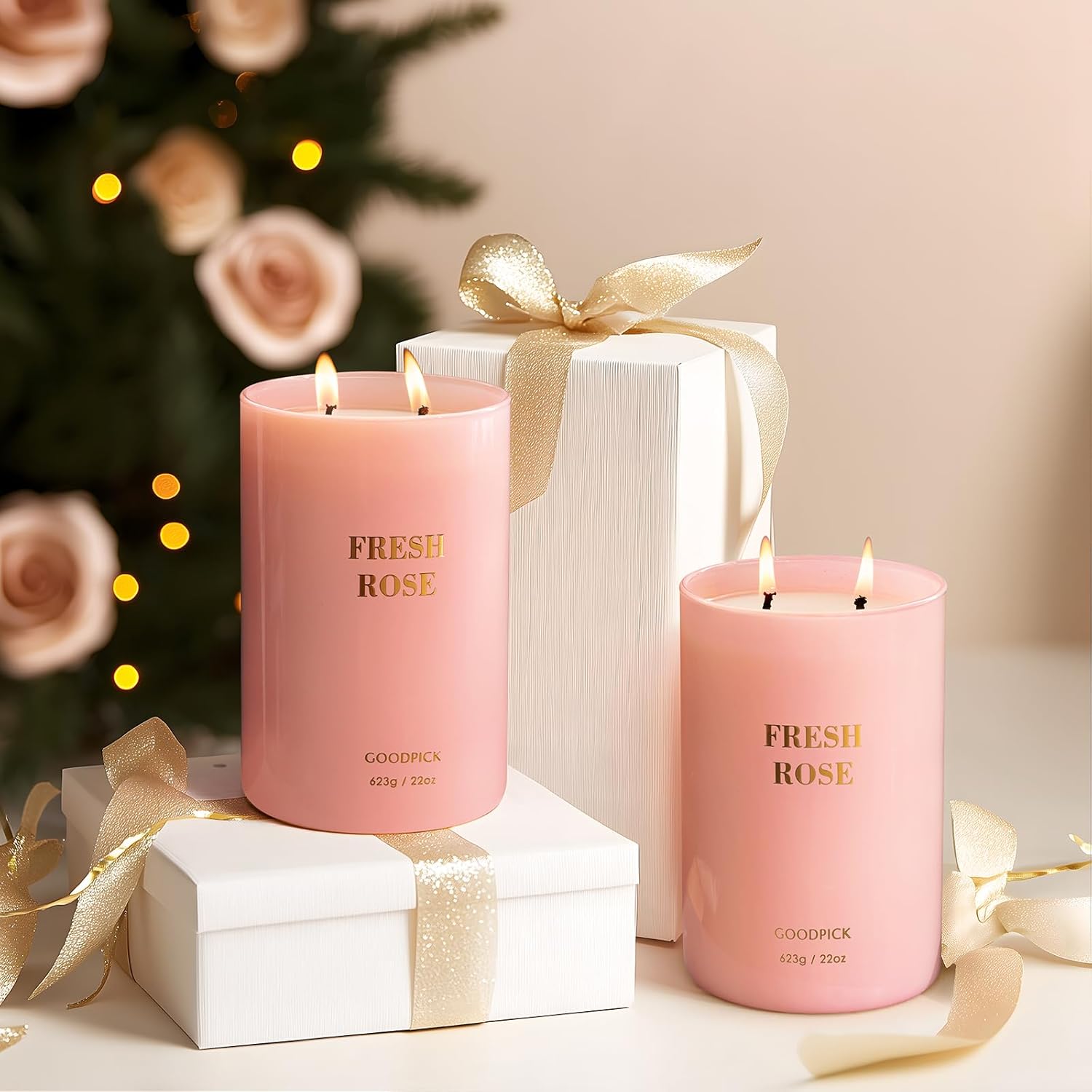 Fresh Rose Candles For Women, Pink Candle, Soy Wax 22Oz Large 120 Hours Burning, Aromatherapy Candles
