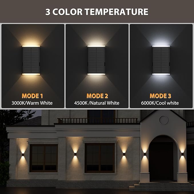2 Pack Solar Wall Lights Outdoor IP67 Waterproof Up and Down Dusk to Dawn Porch Lights