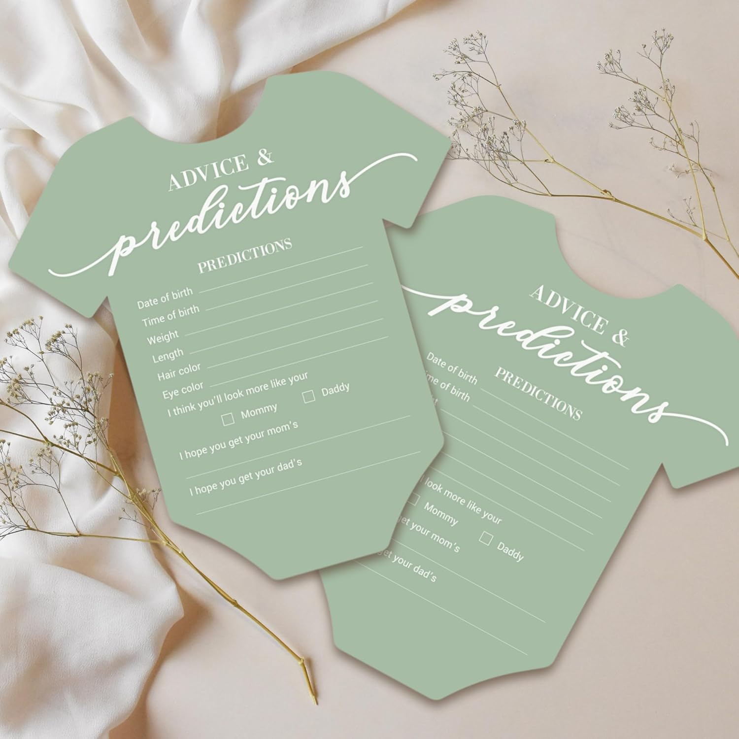 Baby Shower Advice & Prediction Cards - For 50 Guests - Green Onesie Double Sided Advice + Predictions Cards - Minimalist Gender Neutral Baby Shower Decorations & Games For Boys & Girls - (Set Of 50)