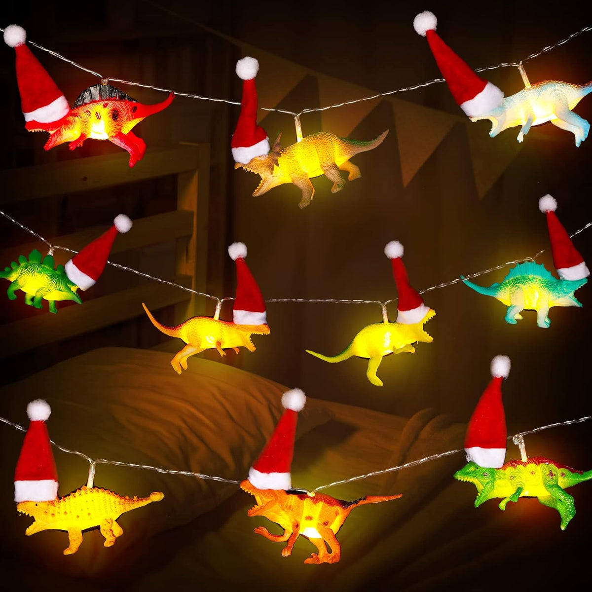 2 Pcs Christmas Dinosaur String Lights Total 13 Ft 20 Led Lights Hanging Dinosaur Lights Battery Operated Dino Lights Di