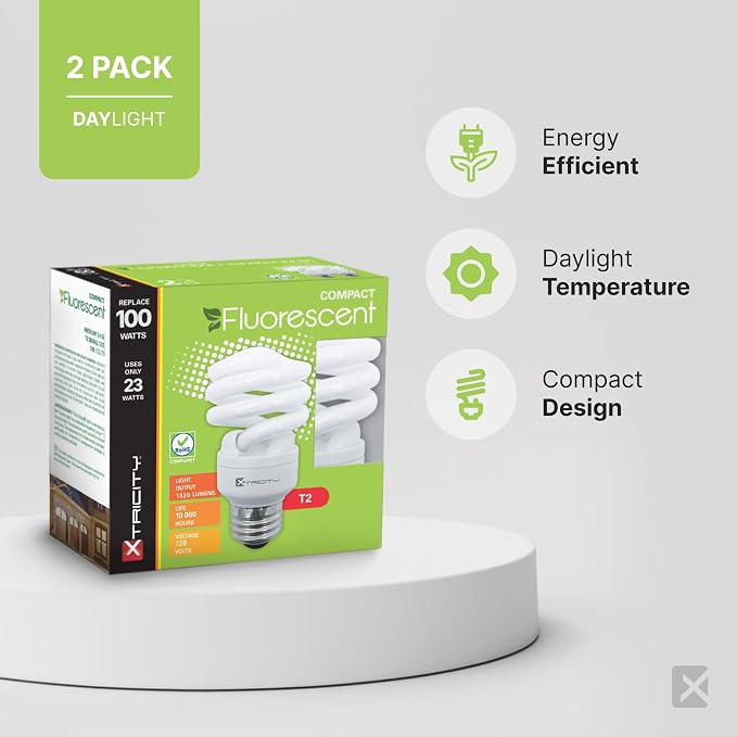 CFL T2 Spiral Light Bulbs 2 Pack 23W 100W Equivalent 5000K Daylight E26 Base 1520 Lumens UL Listed