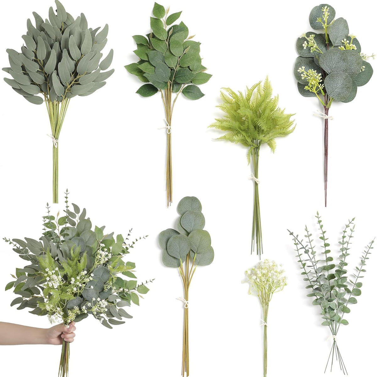 65 Pcs 7 Kinds Mixed Greenery Leaves Stems Bulk Artificial Silver Dollar Eucalyptus Leaves Picks Fake Eucalyptus Stems Faux Spray For Wedding Vase Bouquet Floral Arrangement