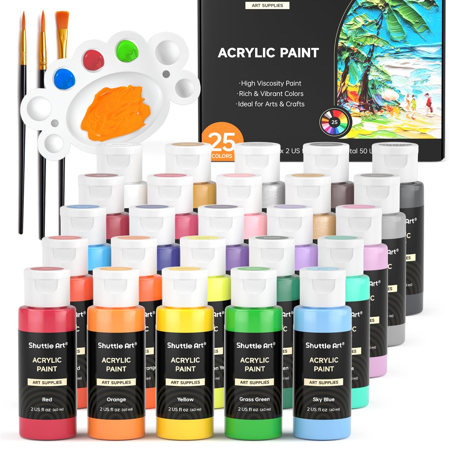 Acrylic Paint, 25 Colors Acrylic Paint Set, 2Oz/60Ml Bottles, Rich Pigments Paint For Artists, Beginners And Kids On Canvas Rocks Wood Ceramic Fabric
