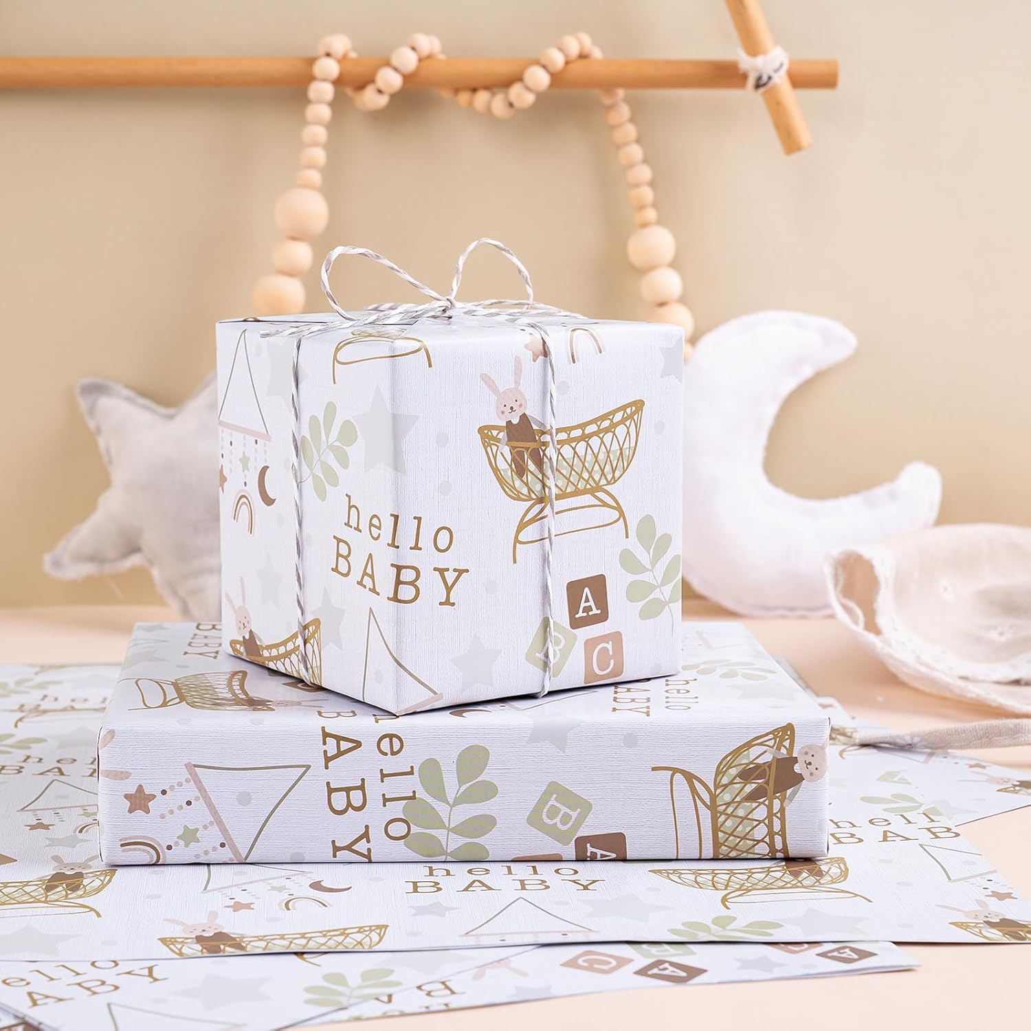 Baby Shower Wrapping Paper Sheet - 6 Sheets Hello Baby Design Folded Flat For Birthday, Party - 19.7 Inch X 27.5 Inch Per Sheet