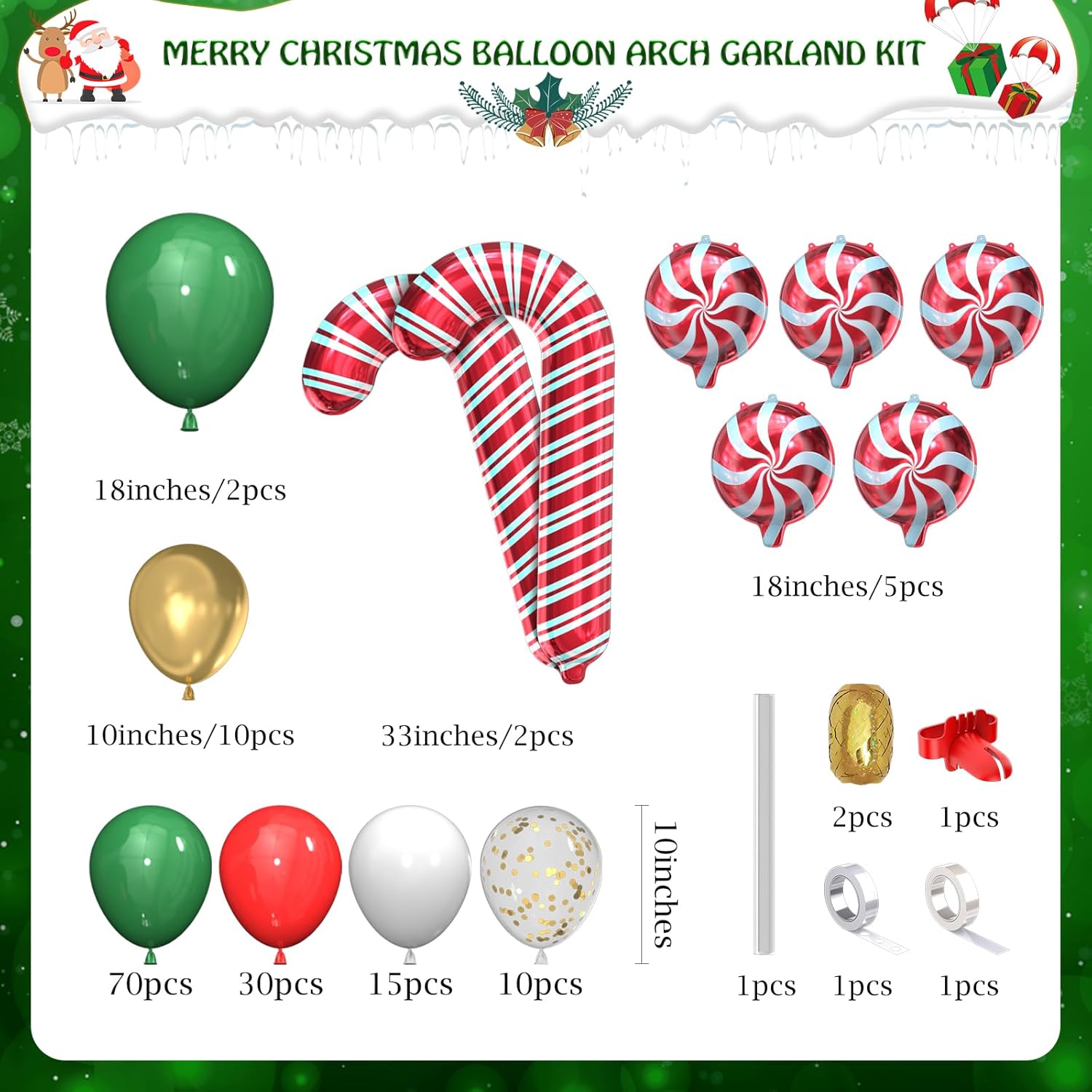 Christmas Balloon Garland Arch Kit 150Pcs With Xmas Green Red White Golden Candy Foil Balloons Candy Cane Balloons For Christmas Party Decorations