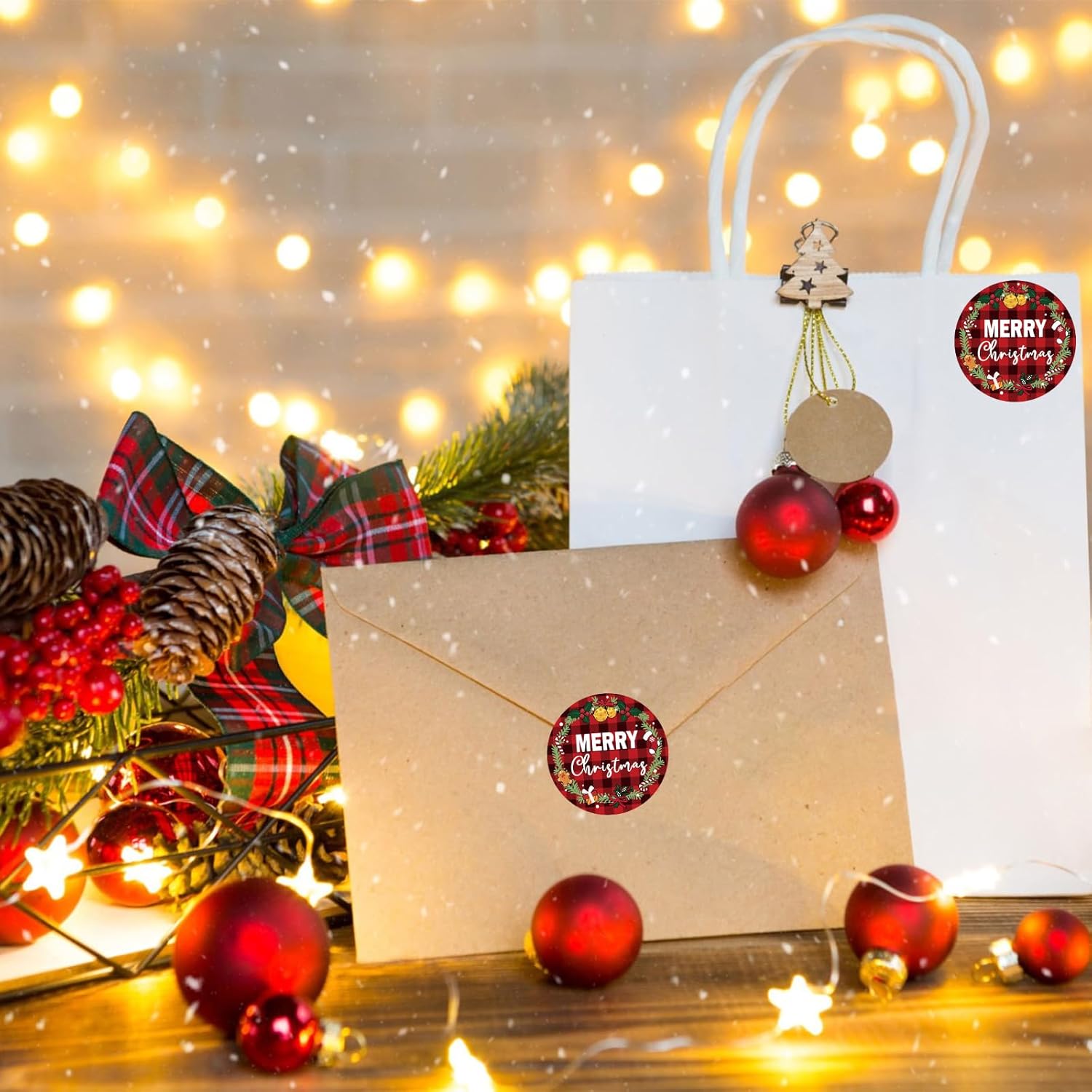 Merry Christmas Label Stickers Roll, 1.5 Inch 500 Pcs Round Red And Black Buffalo Plaid Christmas Wreath Happy Winter Holiday Stickers For Xmas Cards Gift Favors Decoration Sealed Envelopes