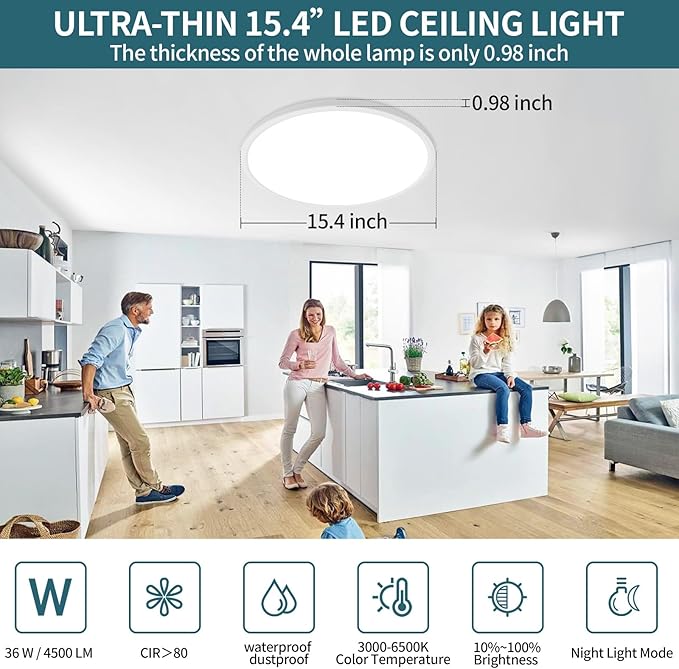 15.4 Inch Modern LED Ceiling Light 4500LM Dimmable Flush Mount with Remote