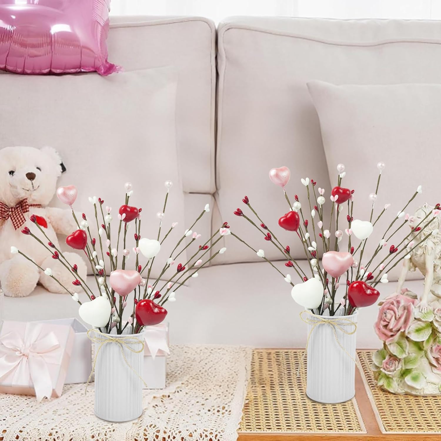 4 Pcs Artificial Valentines Day Flower Picks 12'' Fake Berry Floral Branches With Metal Pot Heart Shaped Stem Branches For Home Wedding Decor
