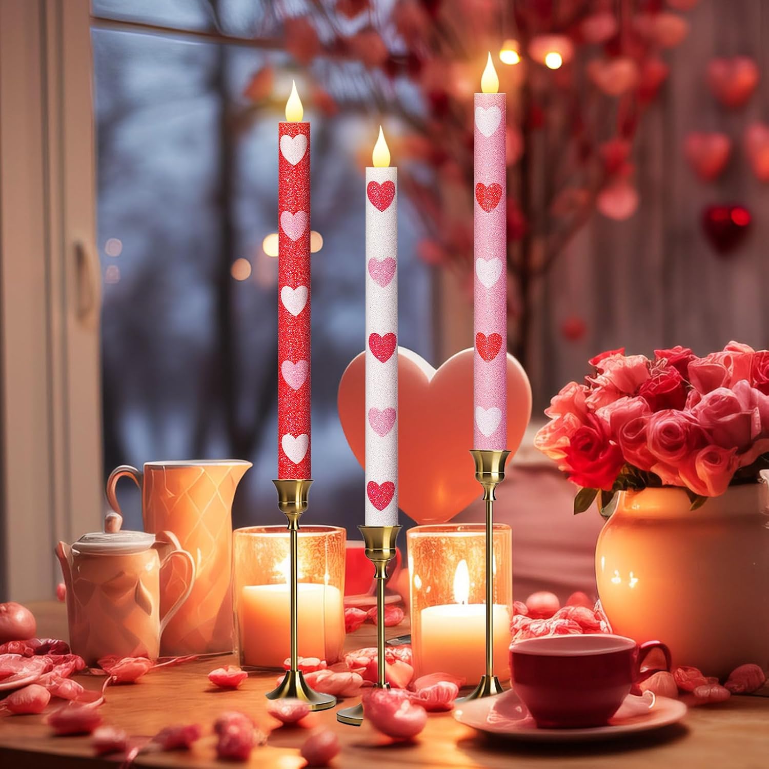 6 Pcs Heart Glitter Flameless Taper Candles 10.6 Inch Valentines Day Candles Battery Operated Led Candlesticks For Valenties Wedding Bridal Birthday Baby Shower Party Dinner Table Home Decor