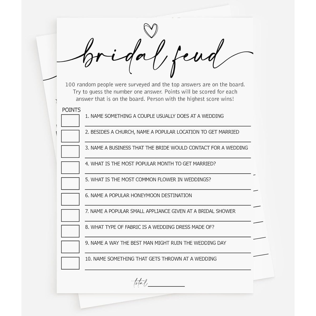 50 Bridal Family Feud (50-Cards) Fun Wedding Shower Decorations Engagement Party Rehearsal Dinner Game Activity, Minimalist Script