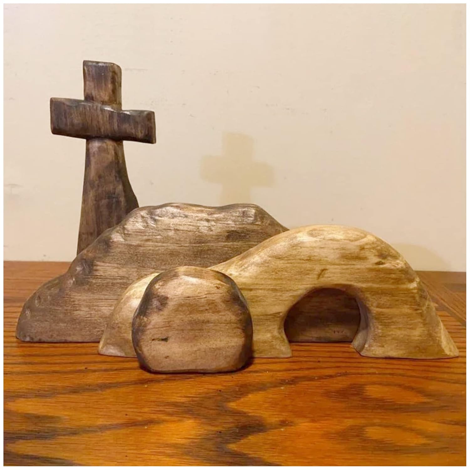 Empty Tomb Easter Scene And Cross Decoration, Jesus Tomb Tray Bundle Kit, Wooden Easter Jesus Sign Tiered Tray Decorations For Religious Home Office Tabletop Christian Gifts (Wood - A)