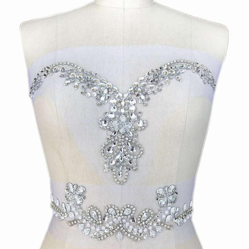 Handmade Beaded V-Neck Sequin Sew On Neckline Rhinestone Crystal Trim Bridal A