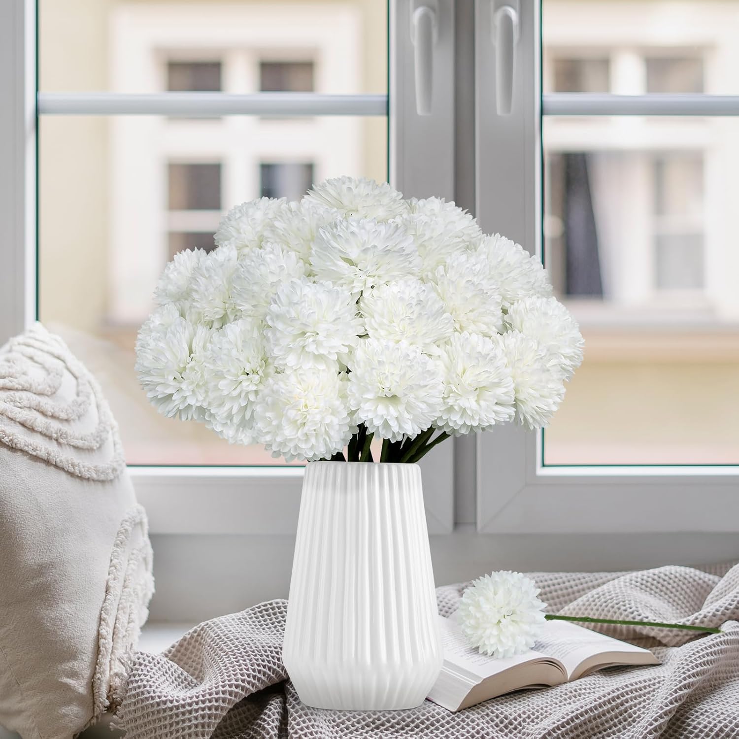 36 Pcs White Artificial Flowers Faux Ball Chrysanthemum Bouquet Silk Flowers Bridal Wedding Bouquet For Home Garden Party Office Coffee House Decoration (White)