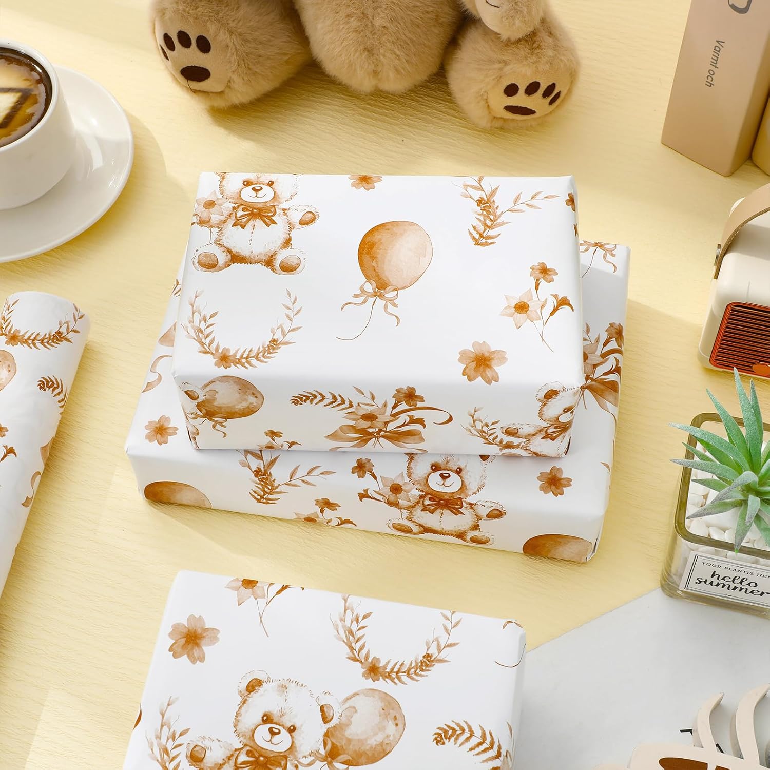 Bear Wrapping Paper -Mini Roll- 17In X 32.8Ft Brown Balloon Bear Flower Gift Wrap Paper Baby Shower Craft Paper For Diy Craft Supplies