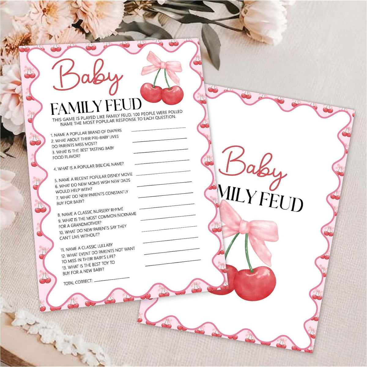 Hilarious Baby Shower Games - Baby Family Feud Game, Pink Bow Cherry Party Decorations Favors, Ice Breaker Activities For Parents-To-Be-25 Pcs, 5X7 In -B03