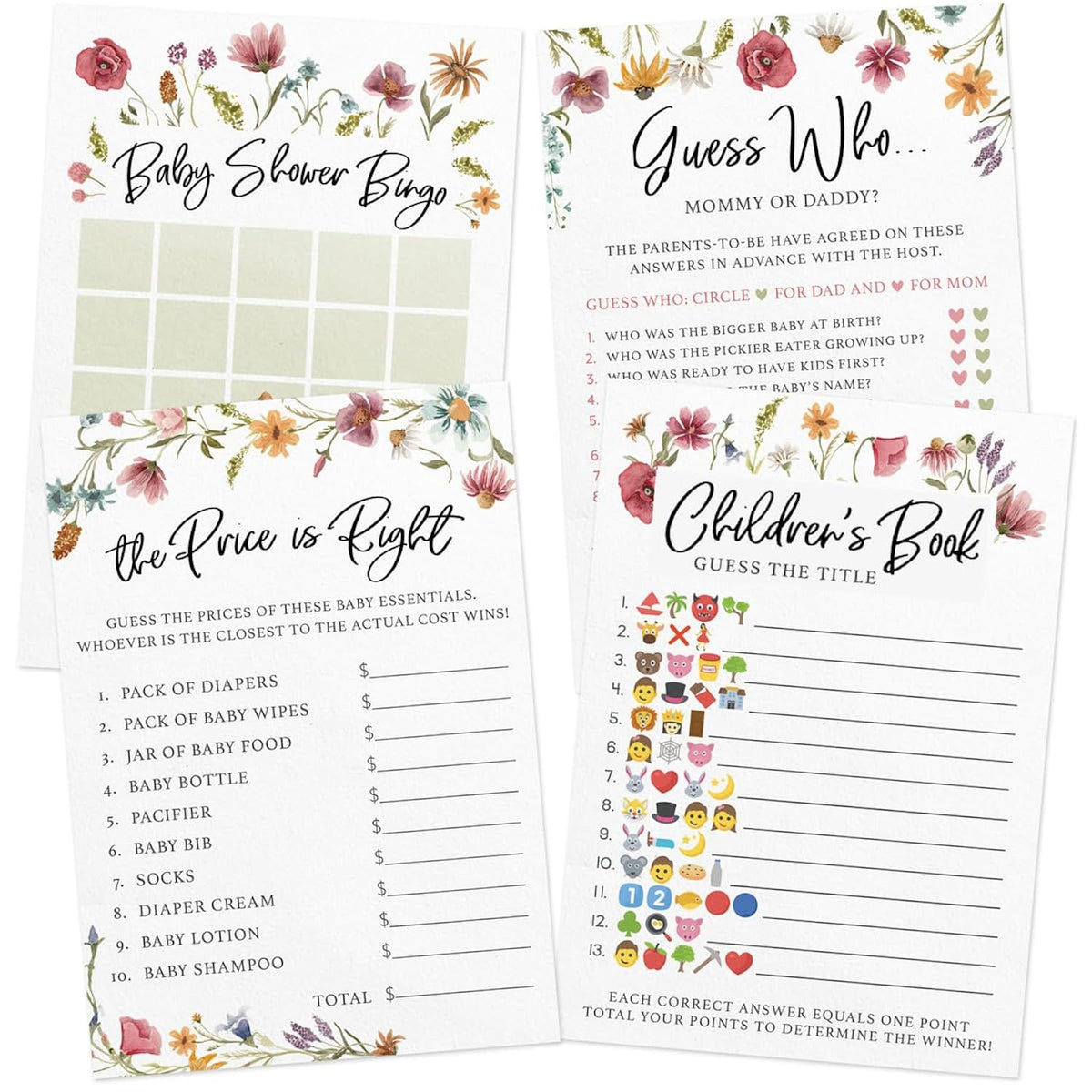 Baby Shower Games For Girl – 4 Games And Activities For 30 Guests, Includes Bingo, Price Is Right, Mommy Or Daddy Trivia, And Storybook Title Guessing, Wildflower Baby In Bloom Design