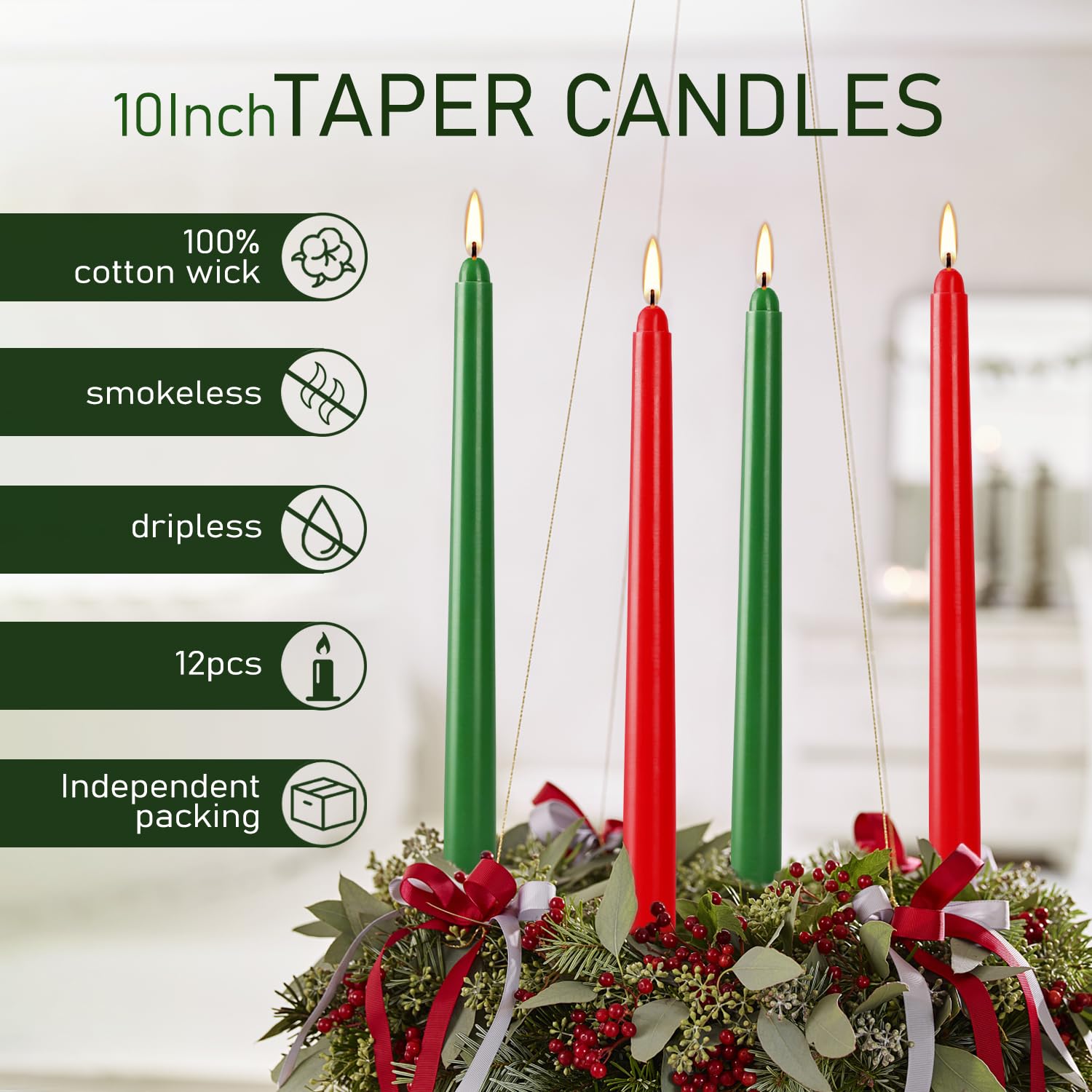 12-Pack 10-Inch Green & Red Christmas Taper Candles - Perfect For Holiday Decorations And Parties