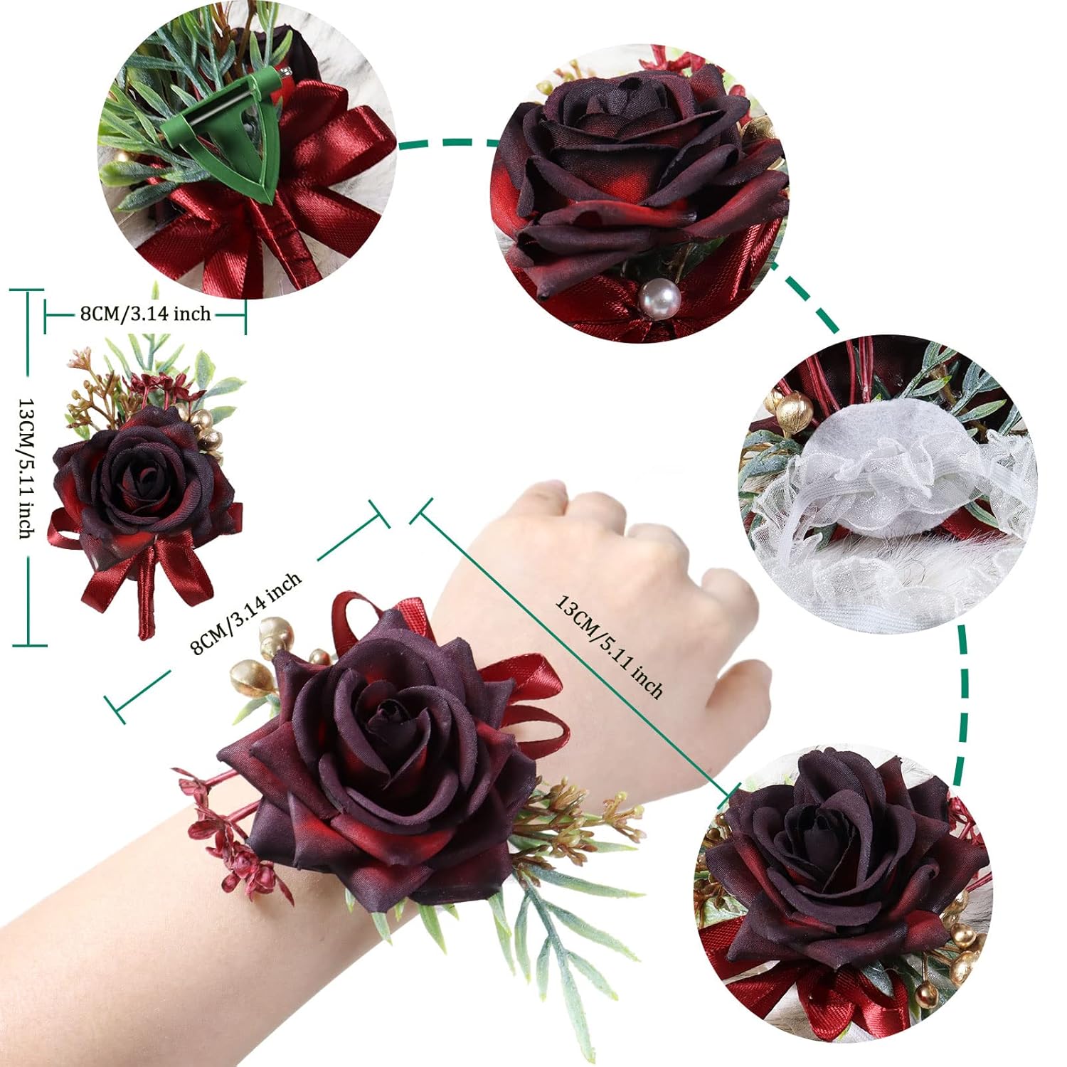 Corsage And Boutonniere Set Artificial Rose And Handmade Silk Bride Bridesmaids Wrist Corsage And Men Boutonniere For Wedding Prom Party Suit Decoration, Red