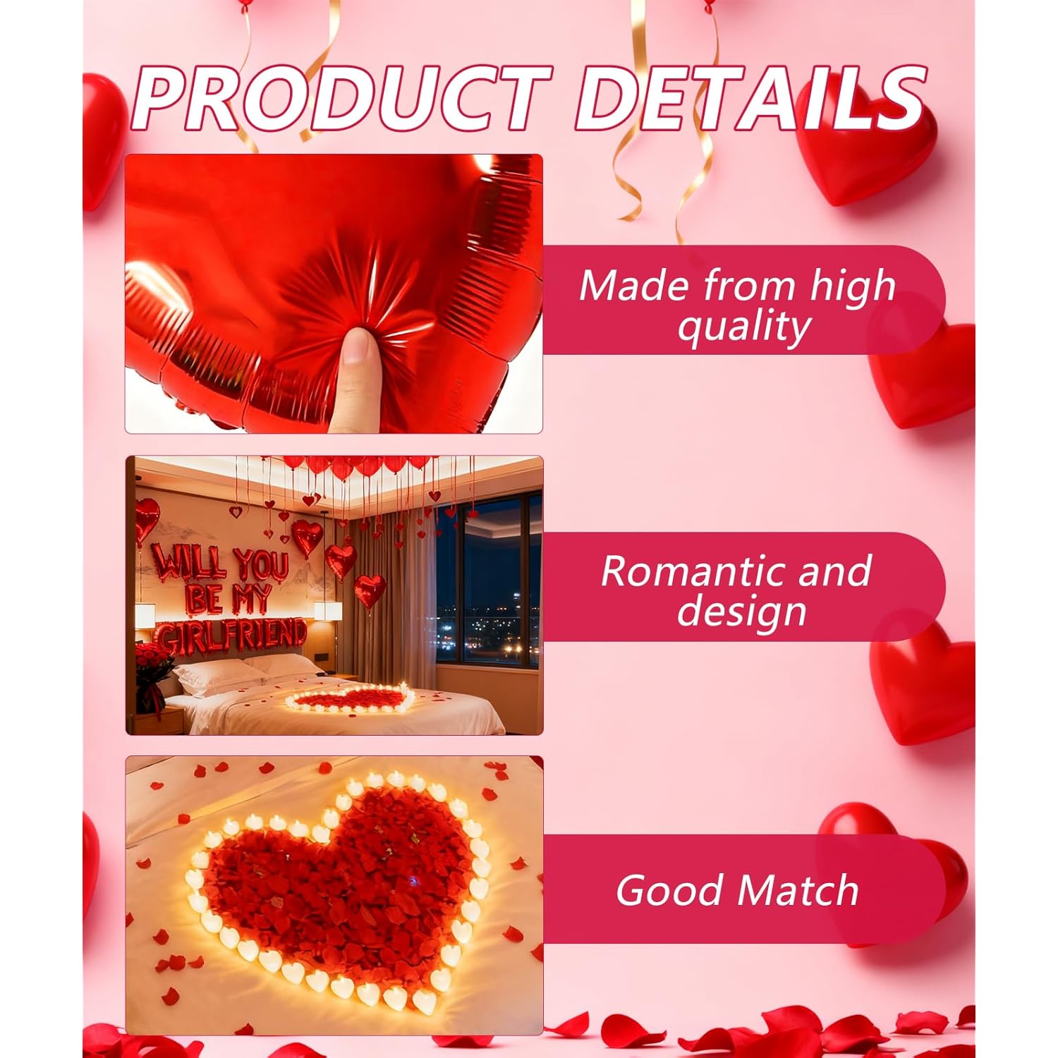Pink Romantic Decor Kit - Heart Balloons, Rose Petals & Candle Set For Proposals, Anniversary, Valentines Day (30 Balloons + 1000 Petals + 24 Candles) (Red)