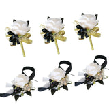 Ivory Rose Rose&Black Wrist Corsage And Boutonniere Set For Ivory Rose Wedding Flower Accessories Prom Suits (3Pairs Ivory Rose Set)