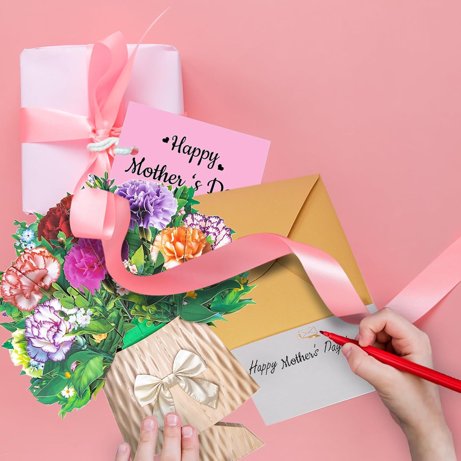 Pop Up Flower Bouquet Card, Carnation Paper Bouquet, 12 Inch 3D Pop Up Birthday Cards,Thank You Cards,Anniversary Card,Greeting Cards For Women Mom Girls,Blank Notecard And Envelope