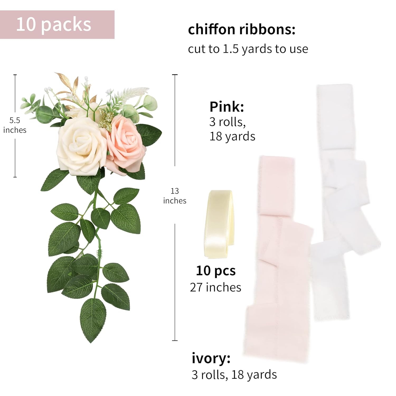 Wedding Aisle Decorations - Set Of 10 Pew Flowers - Artificial Roses & Eucalyptus - Pink & Cream - 5.5" X 13" - Elegant Traditional Modern Style - Chair Flowers