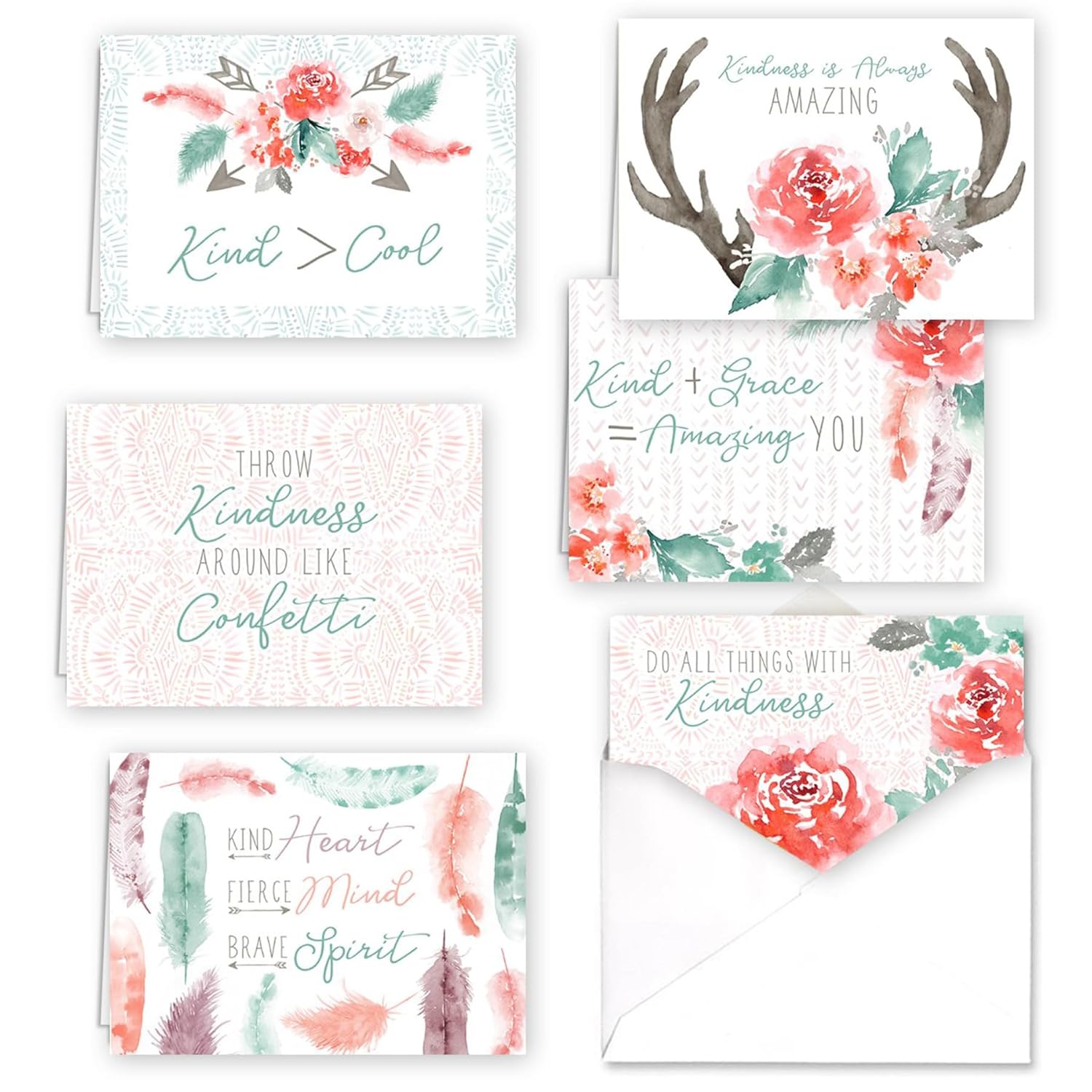 Native Choose Kind Encouragement Cards / 36 Motivational Cards / 6 Floral And Feather Designs / 4 7/8" X 3 1/2" Gratitude Assortment Card Pack