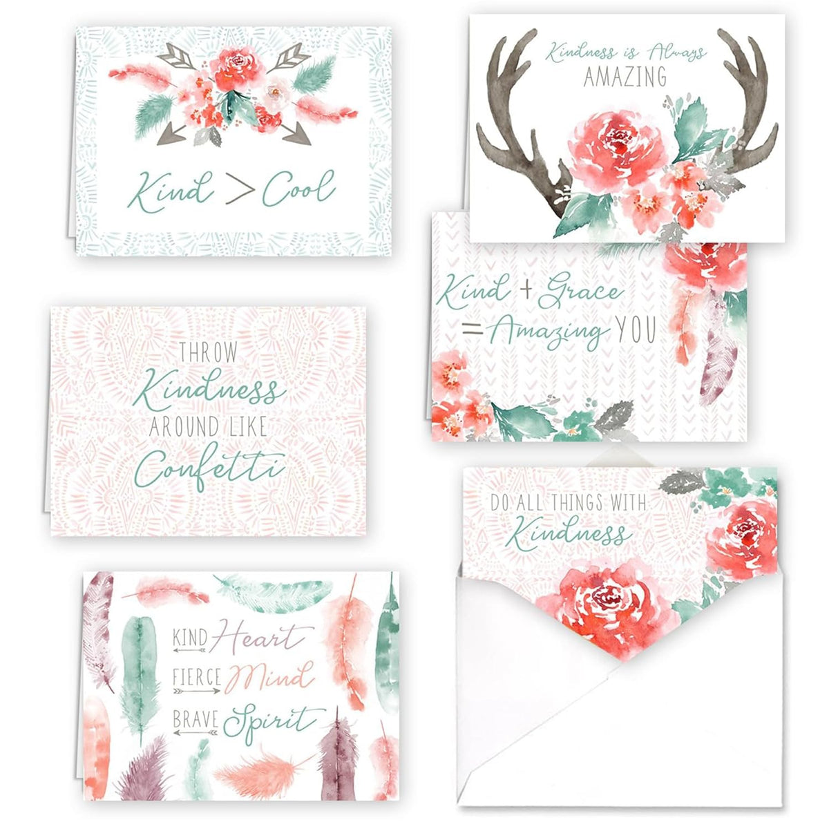 Native Choose Kind Encouragement Cards / 36 Motivational Cards / 6 Floral And Feather Designs / 4 7/8" X 3 1/2" Gratitude Assortment Card Pack