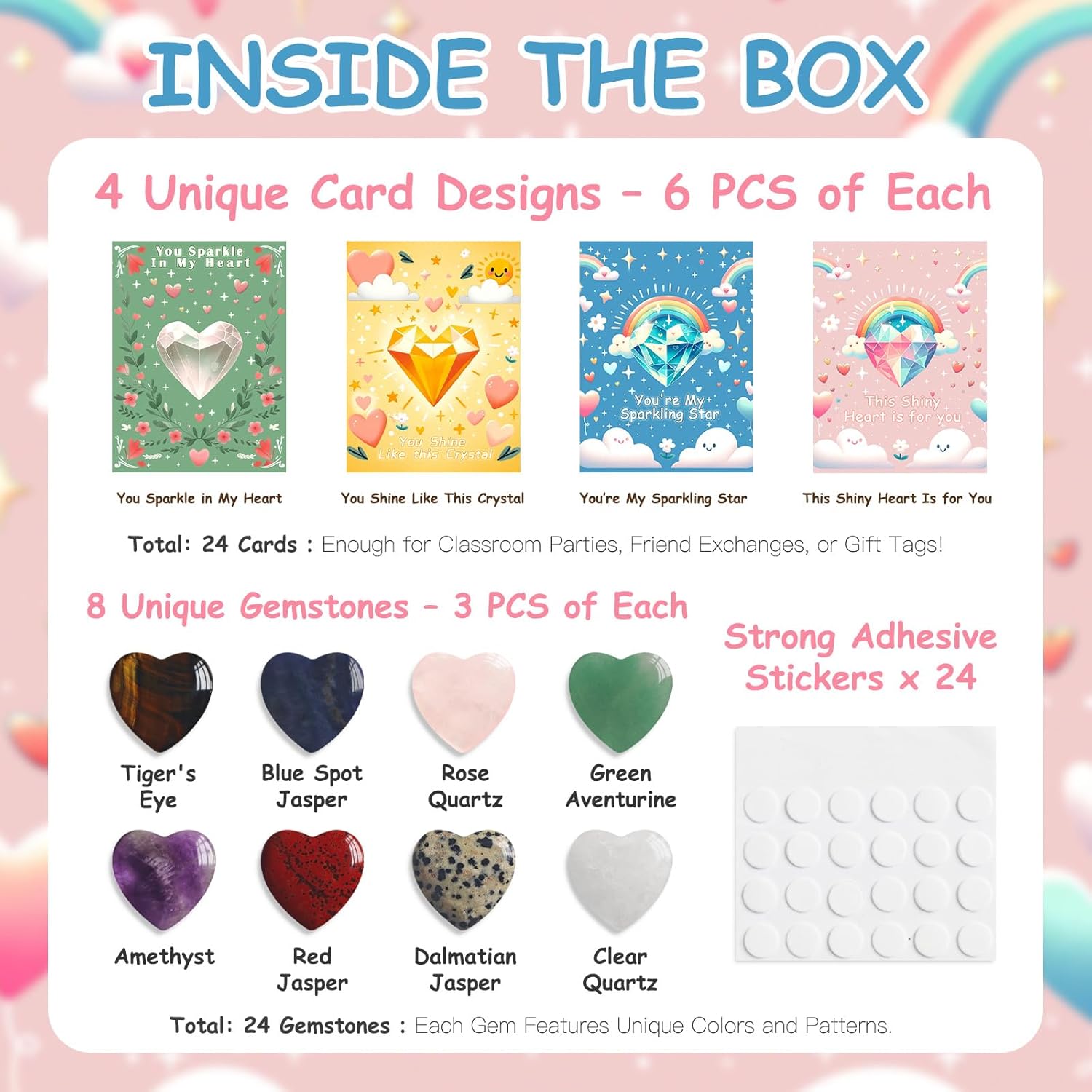 Valentines Day Cards For Kids School, 24 Sets Natural Heart Gemstone Crystal Kids Valentines Cards, Valentines Day Gifts For Kids Classroom, Valentines Cards For Boy Girl (Crystal Cards 1)