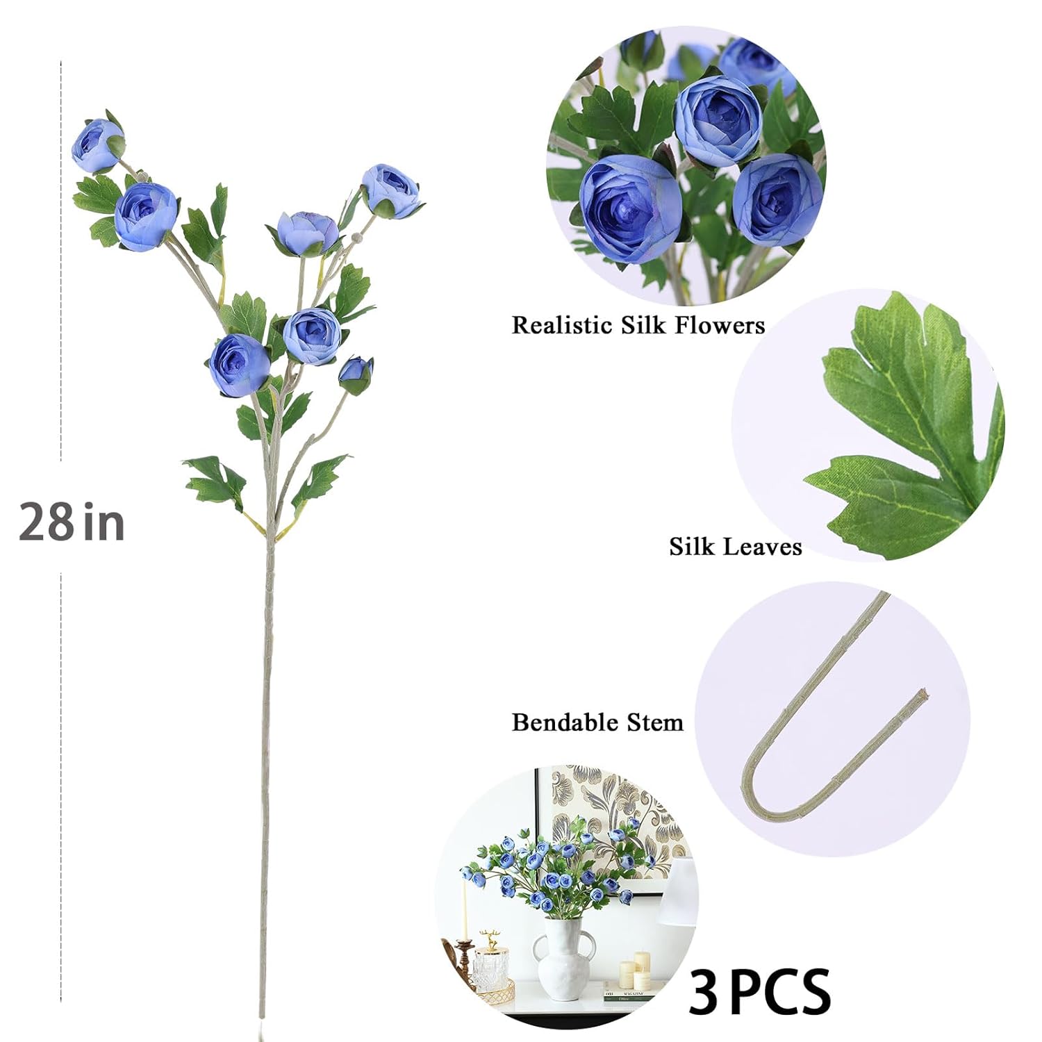 3Pcs Blue Ranunculus Artificial Flower 28" Fake Silk Flowers With Stem Faux Flowers Bouquet For Vase Table Centerpieces Arrangements Home Decor Wedding Decorations (Blue)