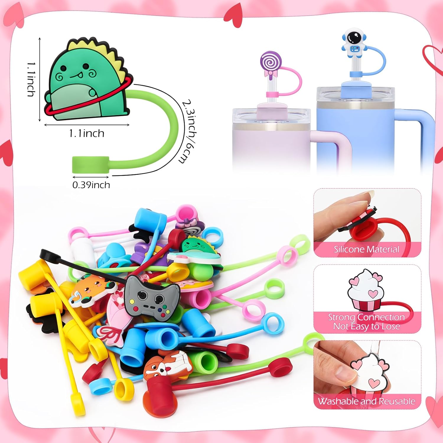 24 Pack Valentines Day Cards With Reusable Straw Covers Caps For Kids School Classroom, Cute Tumbler-Shaped Valentine Cards With Funny Word Play, Valentine Exchange Present Party Favors