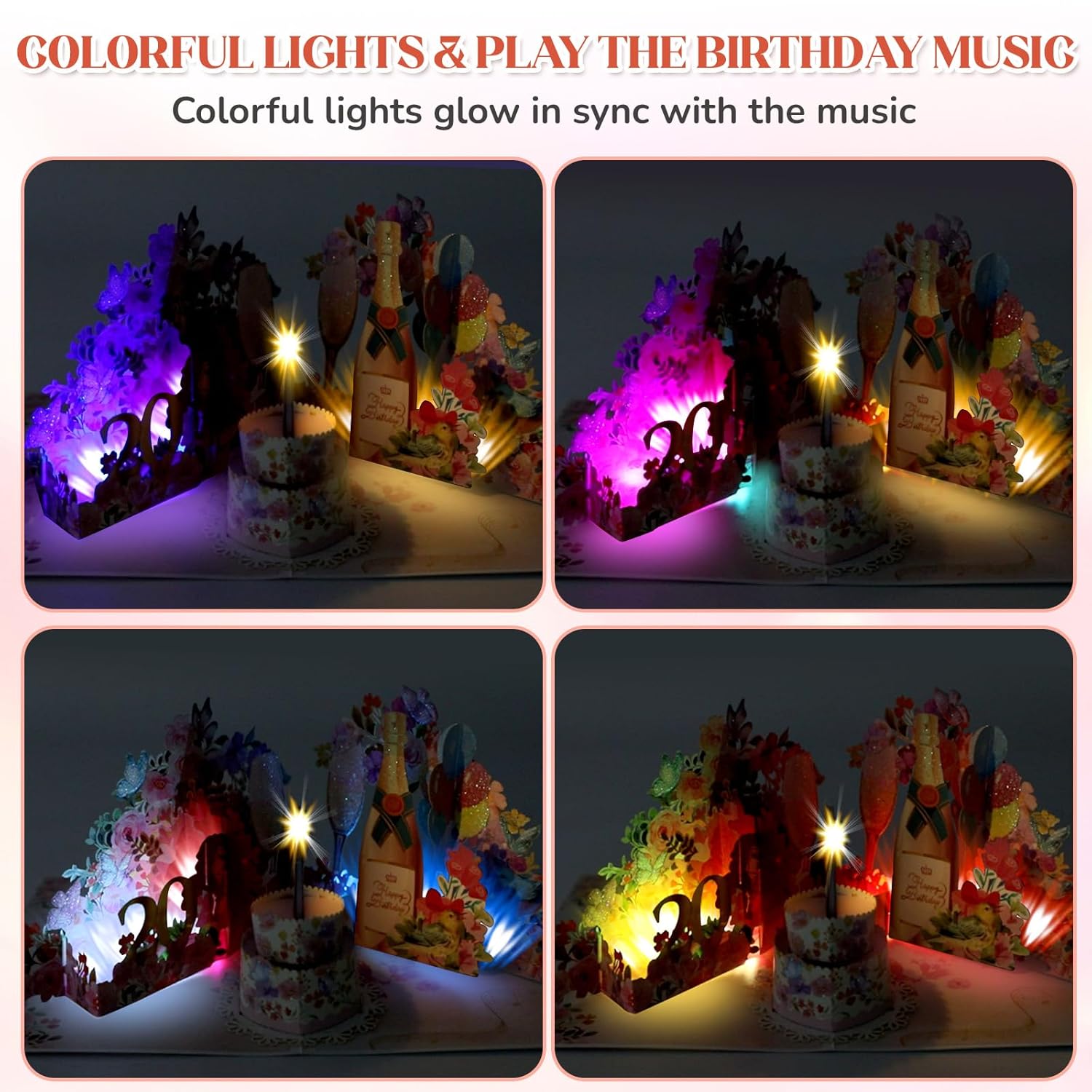 Musical Birthday Card, 3D Pop-Up Flowers & Champagne Birthday Cards With Colorful Lights, Blow-Out Candles Birthday Card For Girls, Women, Wife, Moms, Sisters, Grandmothers
