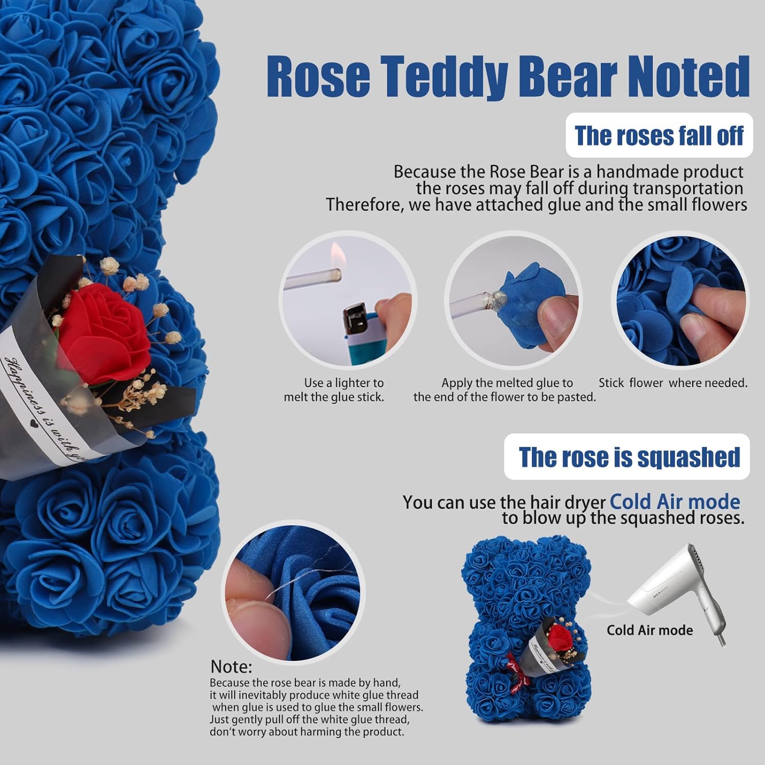Rose Bear Valentines Day Gifts For Her Artificial Rose Teddy Bear For Girlfriend Mom Wife Handmade Rose Bear For Mothers Day Anniversary Birthday Gifts (Royal Blue)