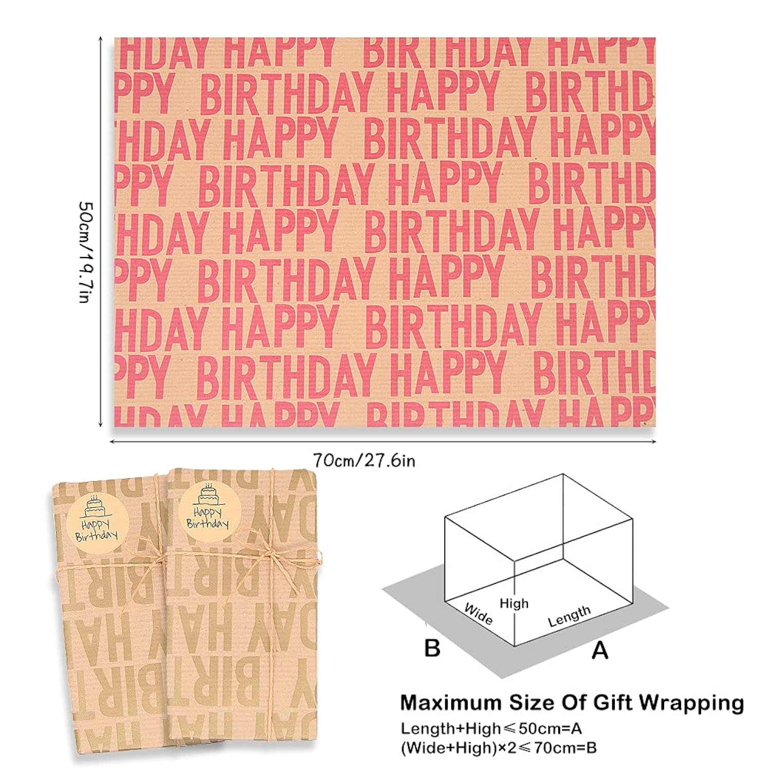 Happy Birthday Wrapping Paper For Boys Men Women Girls Kids,Recycled Gift Wrapping Paper, 20 X 28 Inches Per Sheet (12 Sheets: 47 Sq. Ft. Ttl.) Brown Kraft Folded Paper With Jute Strings, Stickers And Bows For Birthday Occasions