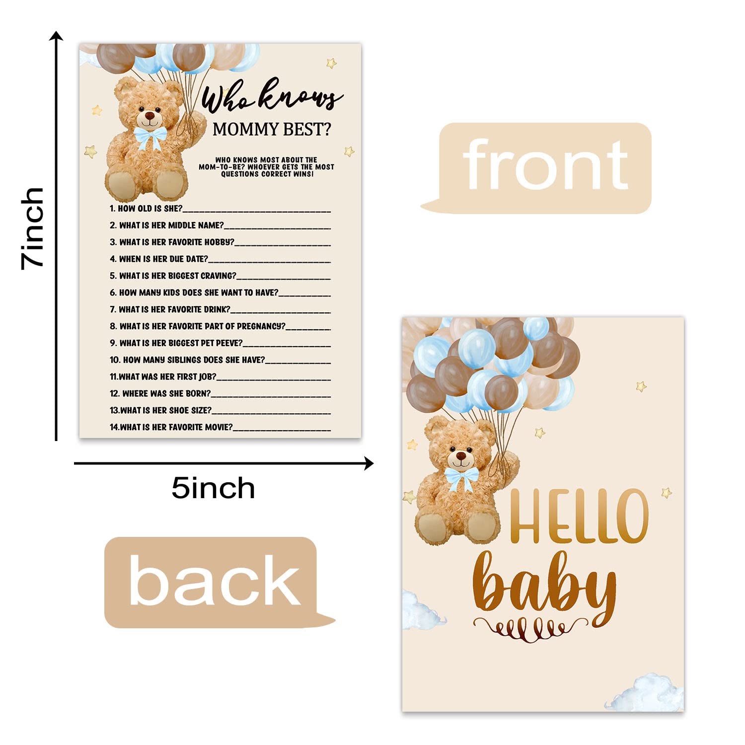 Baby Shower Game Cards, Bear Theme Who Knows Mommy Best Game Card For Baby Shower Party, Funny And Easy Icebreaker Gender Reveal Party Games Ideas Activity For Parent-To-Be, 30 Double Print Cards