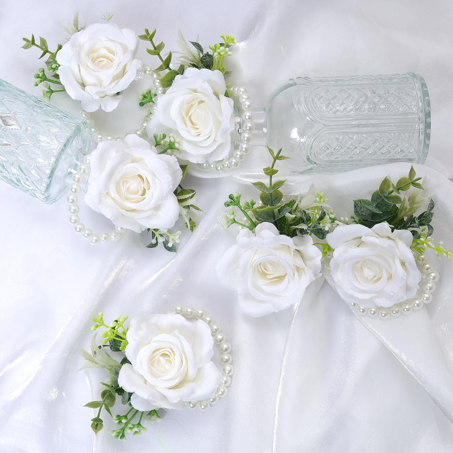 Ivory Rose Wrist Corsage Wristlet Band Bracelet For Women Set Of 6 Wedding Bride Bridesmaid Wrist Corsage Artificial Flowers For Wedding Ceremony Anniversary Prom Flowers Formal Dinner Party(6, White)