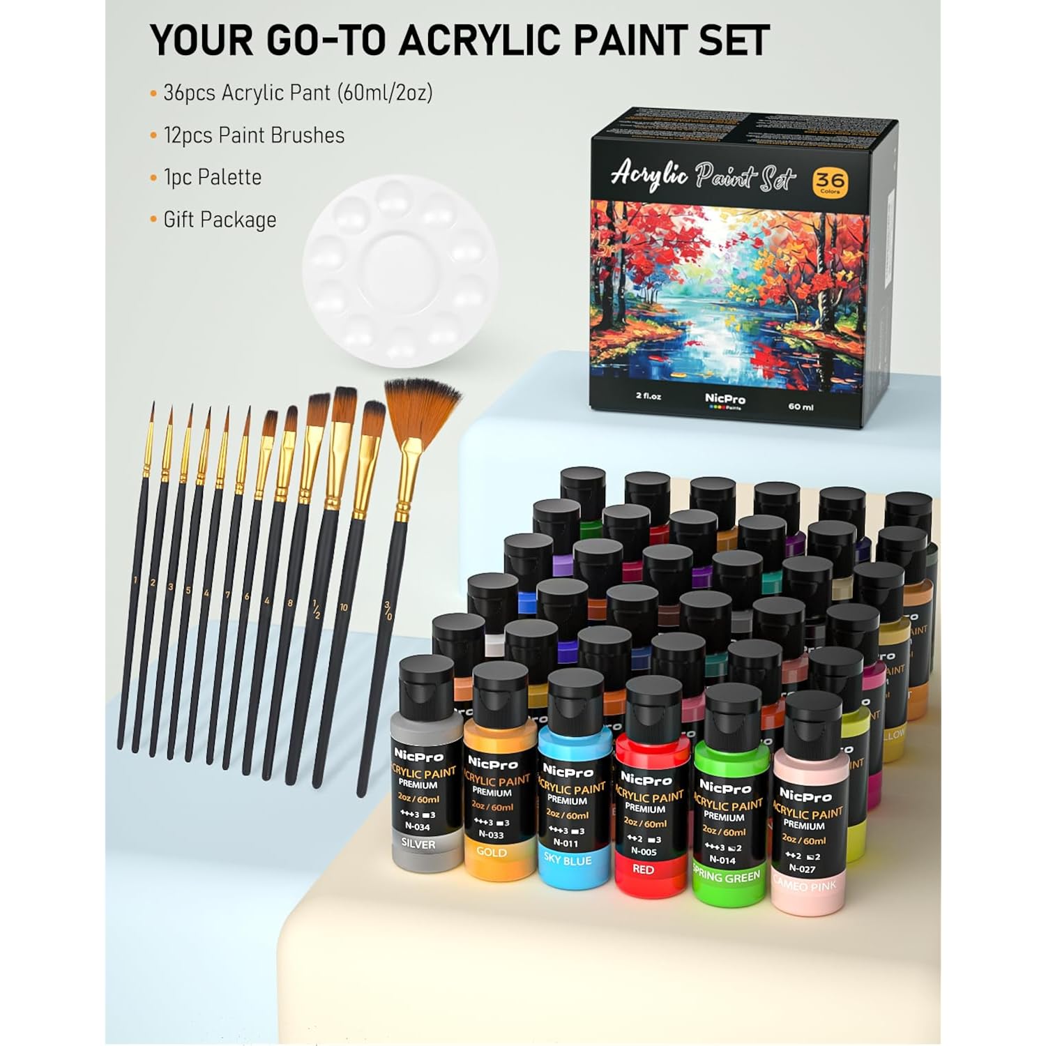 36 Colors Acrylic Paint Set With 12 Brushes & Palette, Non Toxic Art Supplies Kit For Fabric Painting, Canvas, Clay, Wood, Rock & Ceramic, Rich Pigments For Adults, Beginners, Professional Artist (2 Oz, 60 Ml)