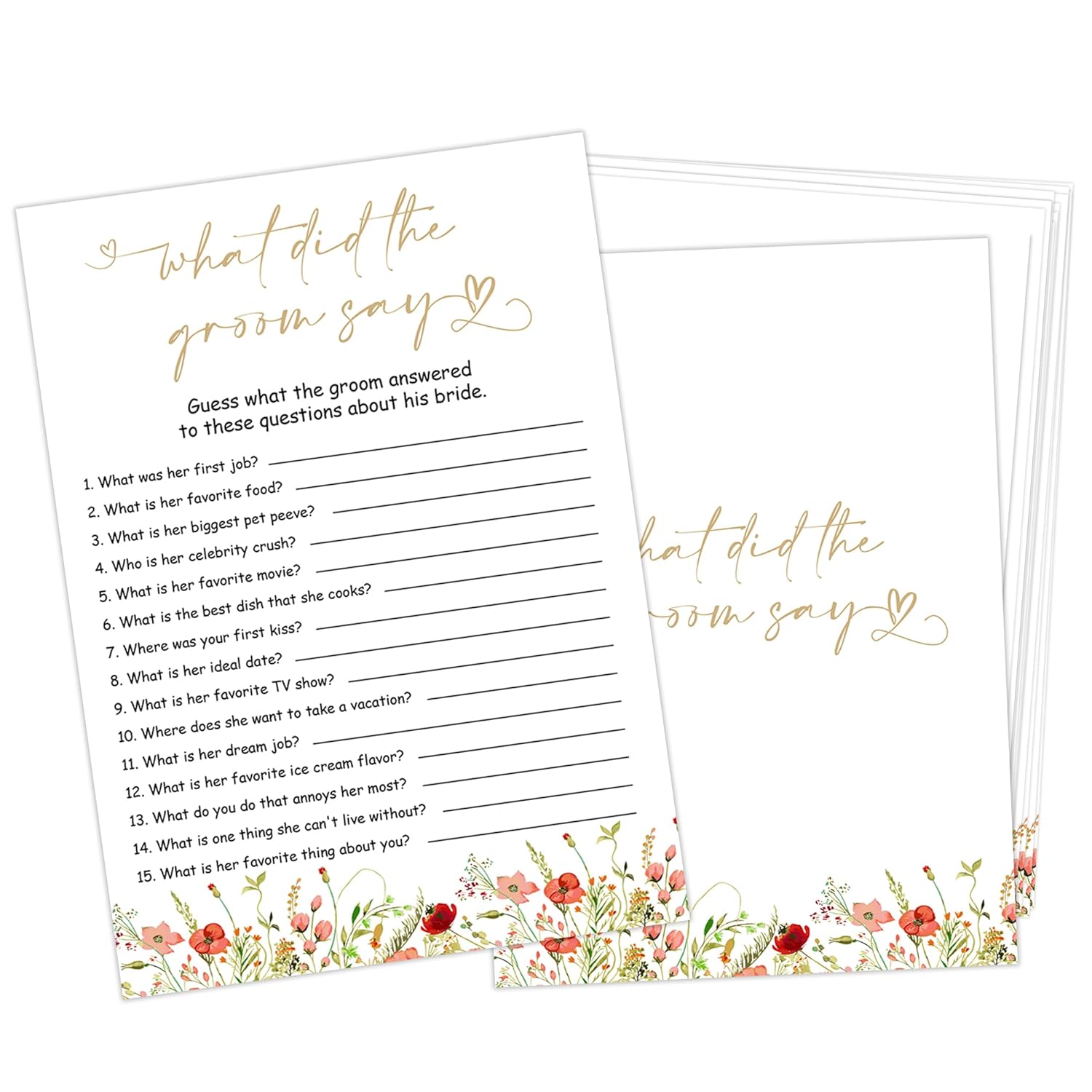 What Did The Groom Say - Bridal Shower Game, Wedding Shower And Bachelorette Party - Set Of 30 Cards, Boho Floral Bridal Wedding Activities Game Cards For Guests, Bridal Shower Party Decorations-Lk2