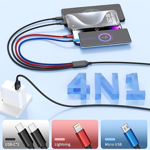 2 Pack 4FT 4 in 1 Multi Charging Cable Nylon Braided USB Charger Cord for iPhone Android