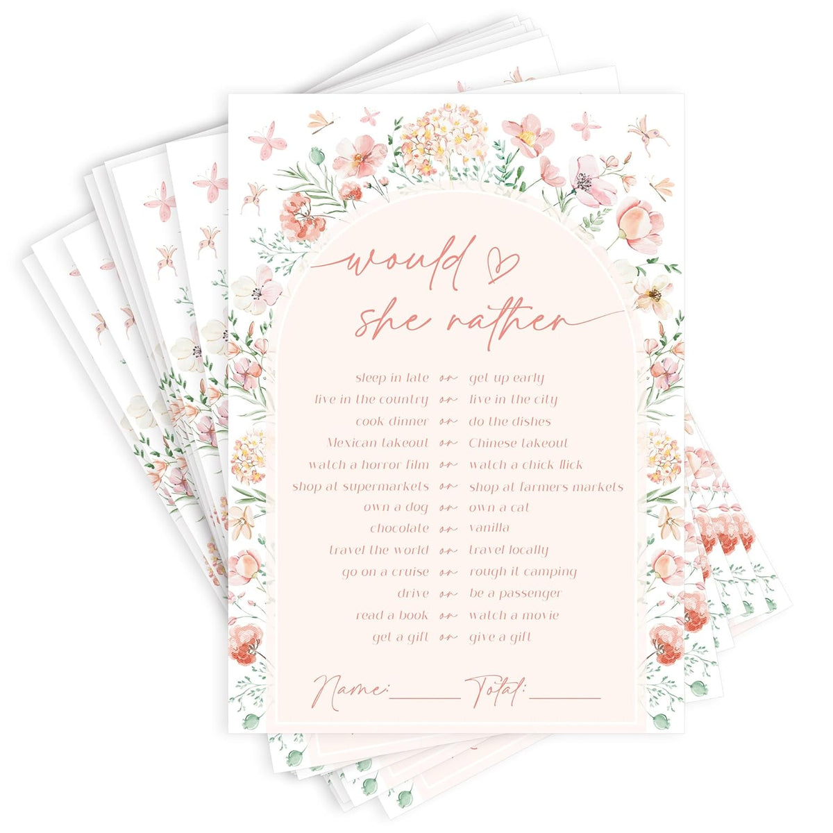 5×7” Would She Rather Games Cards - 50 Pack Floral Games Cards For Bridal Shower, Engagement Bachelorette Party, Baby Shower Party(For 50 Guests)