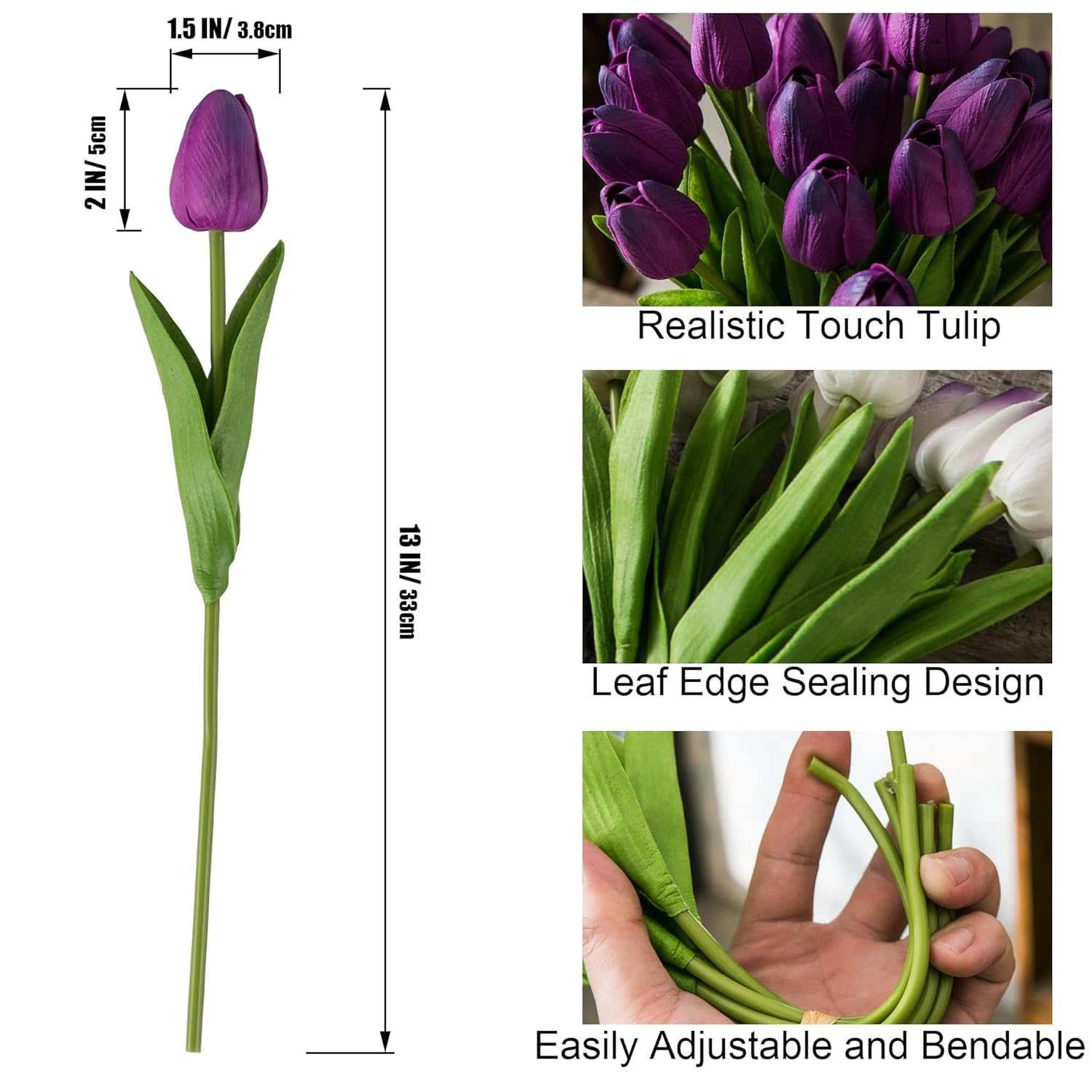 20Pcs Purple Artificial Tulip Flowers, Silk Fake Flowers 13" For Mother'S Day, Easter, Valentine’S Day Gifts In Bulk, Home, Kitchen, Wedding Decorations