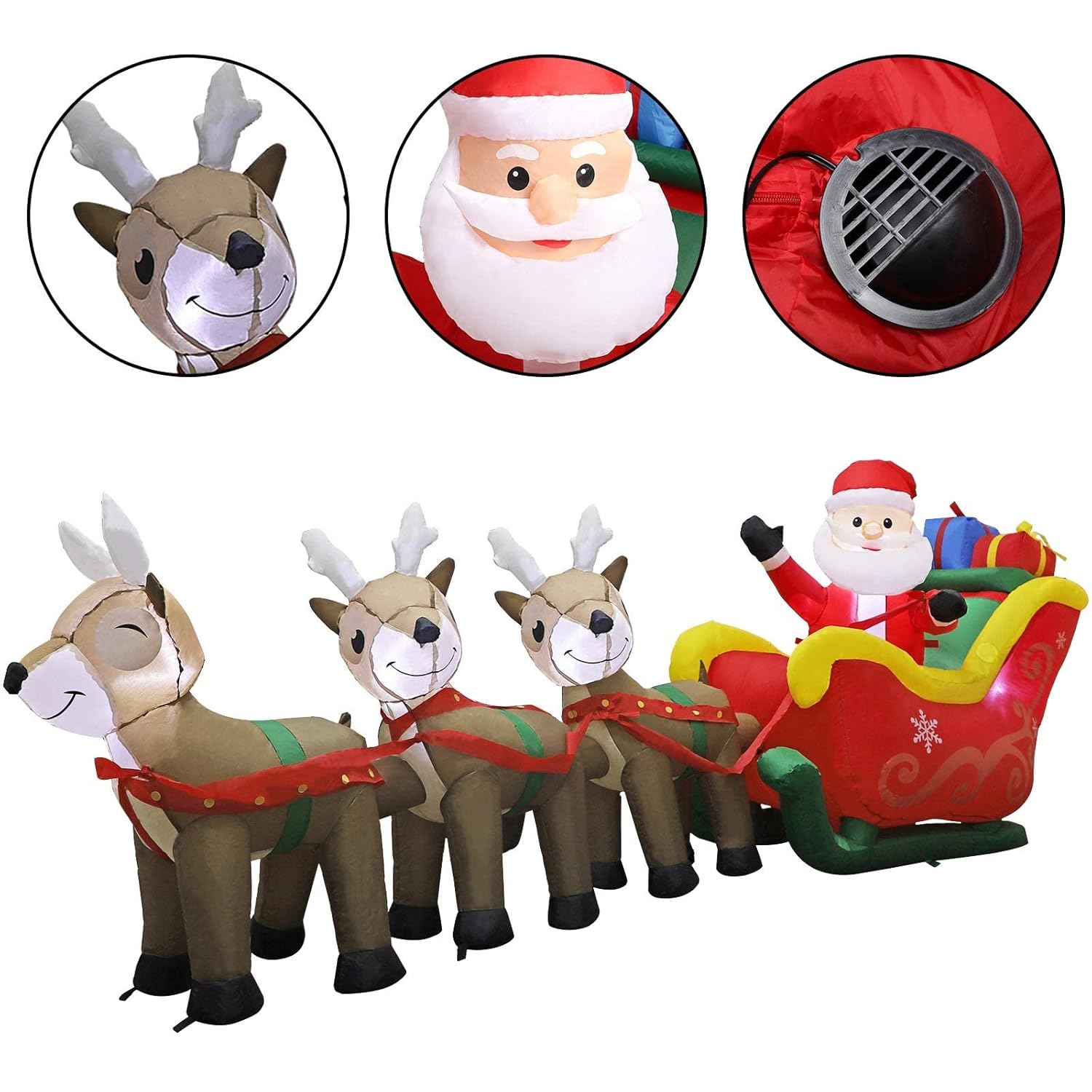 9.5 Ft Christmas Inflatable Santa Claus On Sleigh Pulled By Three Reindeers With Gift Boxes, Blow Up Lighted Yard Decor