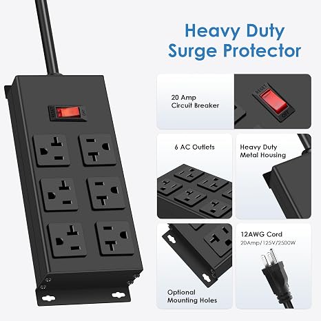 Heavy Duty 20A Metal Power Strip 6 Outlets 3000J Surge Protector 12 Gauge 6FT