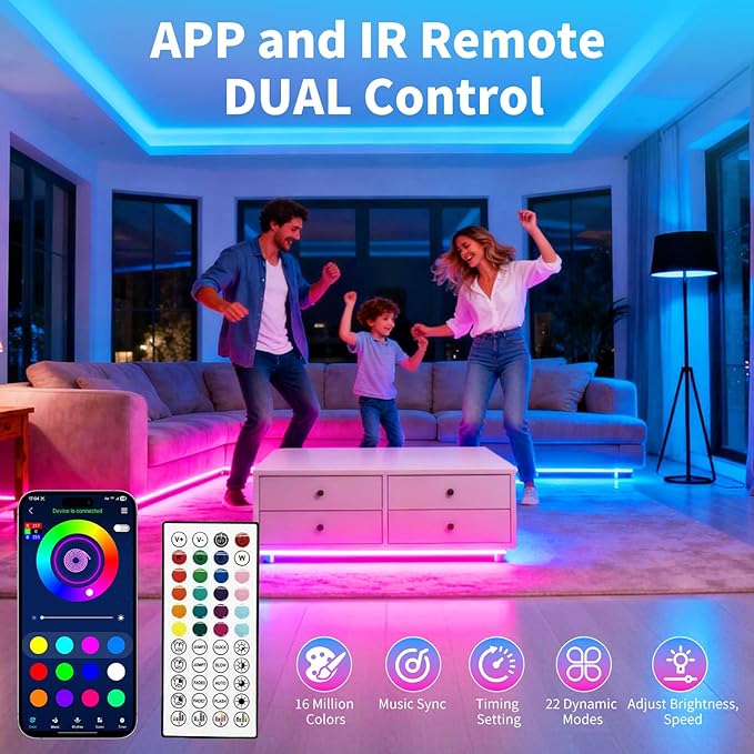 100FT RGB LED Strip Lights Music Sync Color Changing Smart App Remote Control Room Decor Lights