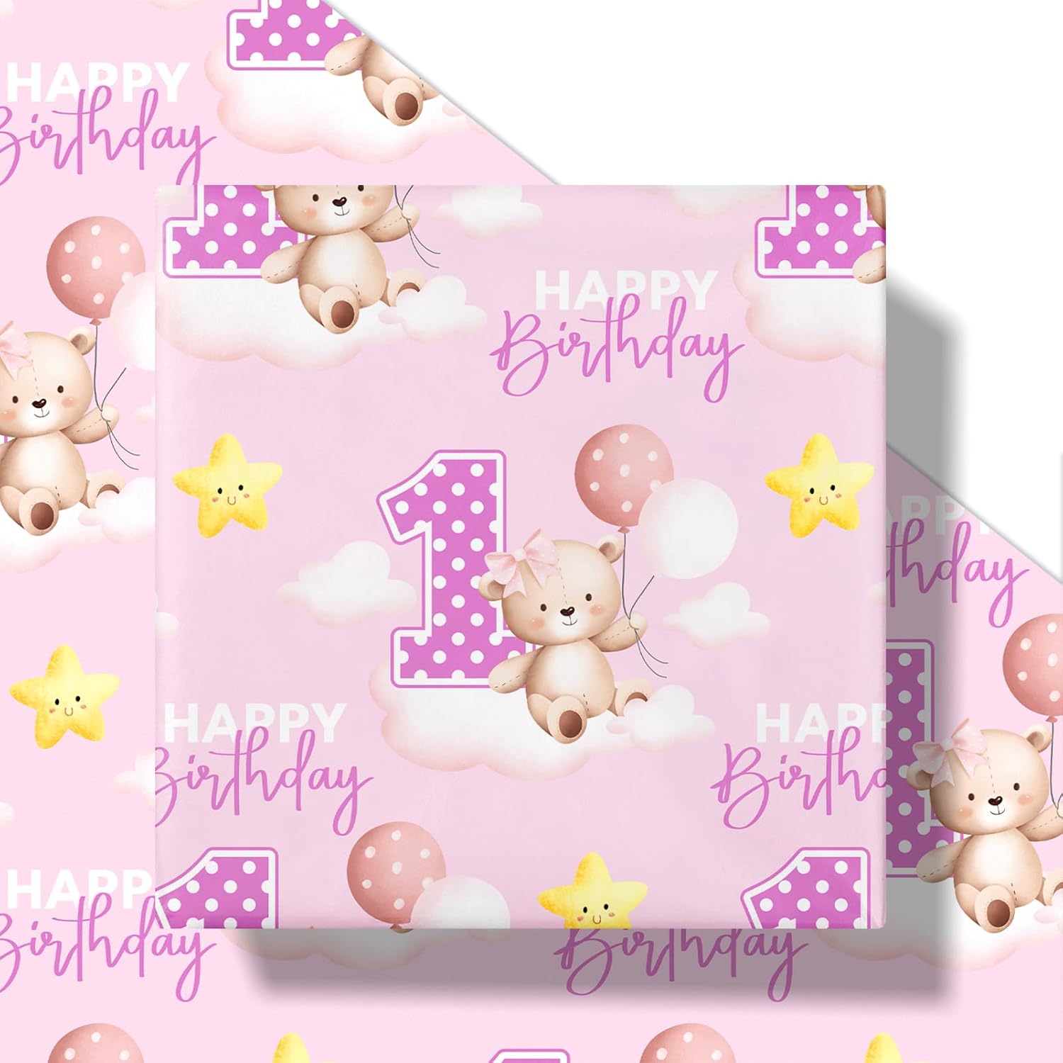 1St Birthday Wrapping Paper Roll For Toddler Girl, Mini Roll, Pink Bear Balloons And Number 1 Gift Wrap Paper For First Birthday Party, Baby Shower Celebration, 17 Inches X 16.4 Feet