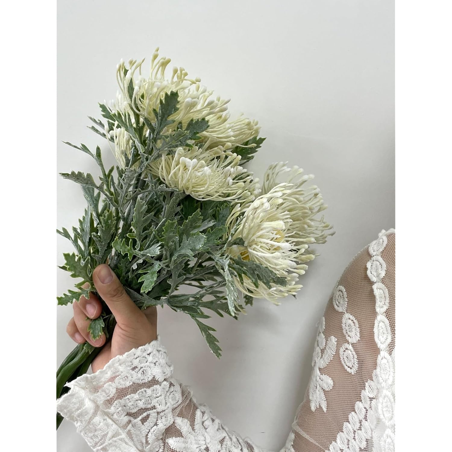 5Pcs Artificial Flocked Crab Claw Chrysanthemum Bouquet Realistic Faux Flowers For Home Photography Props Wedding Decoration 15'' (White)