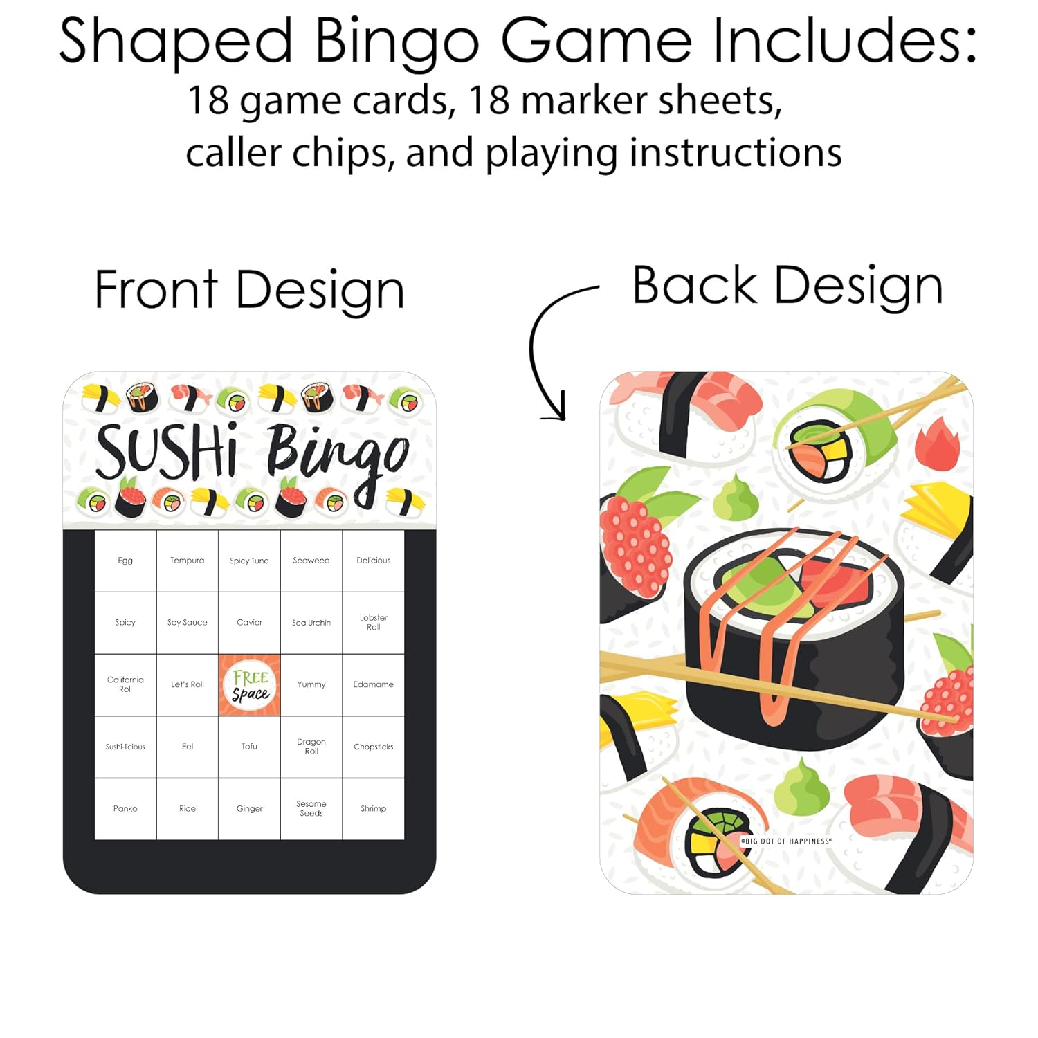 Big Dot of Happiness Let’s Roll - Sushi - Bingo Cards and Markers - Japanese Party Bingo Game - Set of 18
