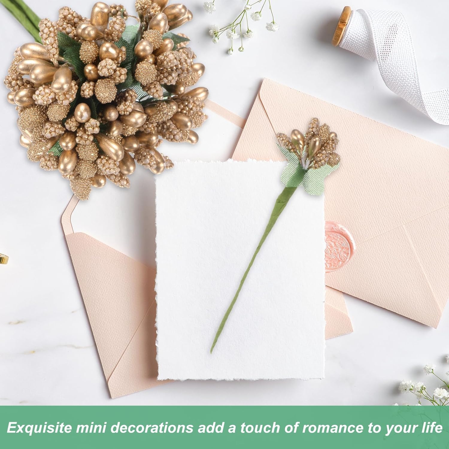 144-Pack Artificial Flower Stamen Kit, Mini Frosted Holly Berry Stems For Wedding Decor, Flower Stamens For Craft Diy Wreaths/Birthday/Flower Arrangements Decorations [Gold]