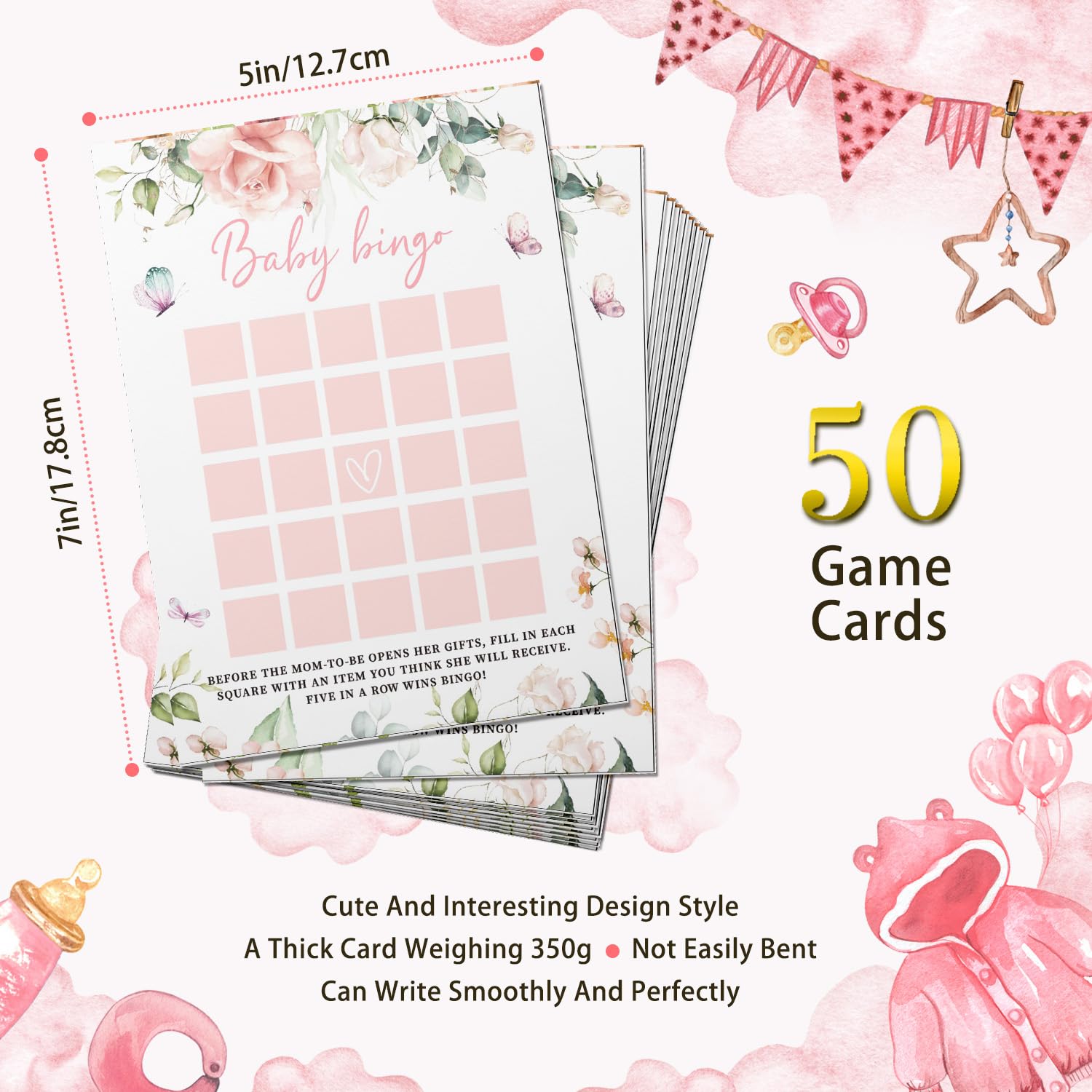 Z Baby Shower Bingo Game Girl, Baby Bingo, Set Of 50, Ros Flower Theme Party Cards